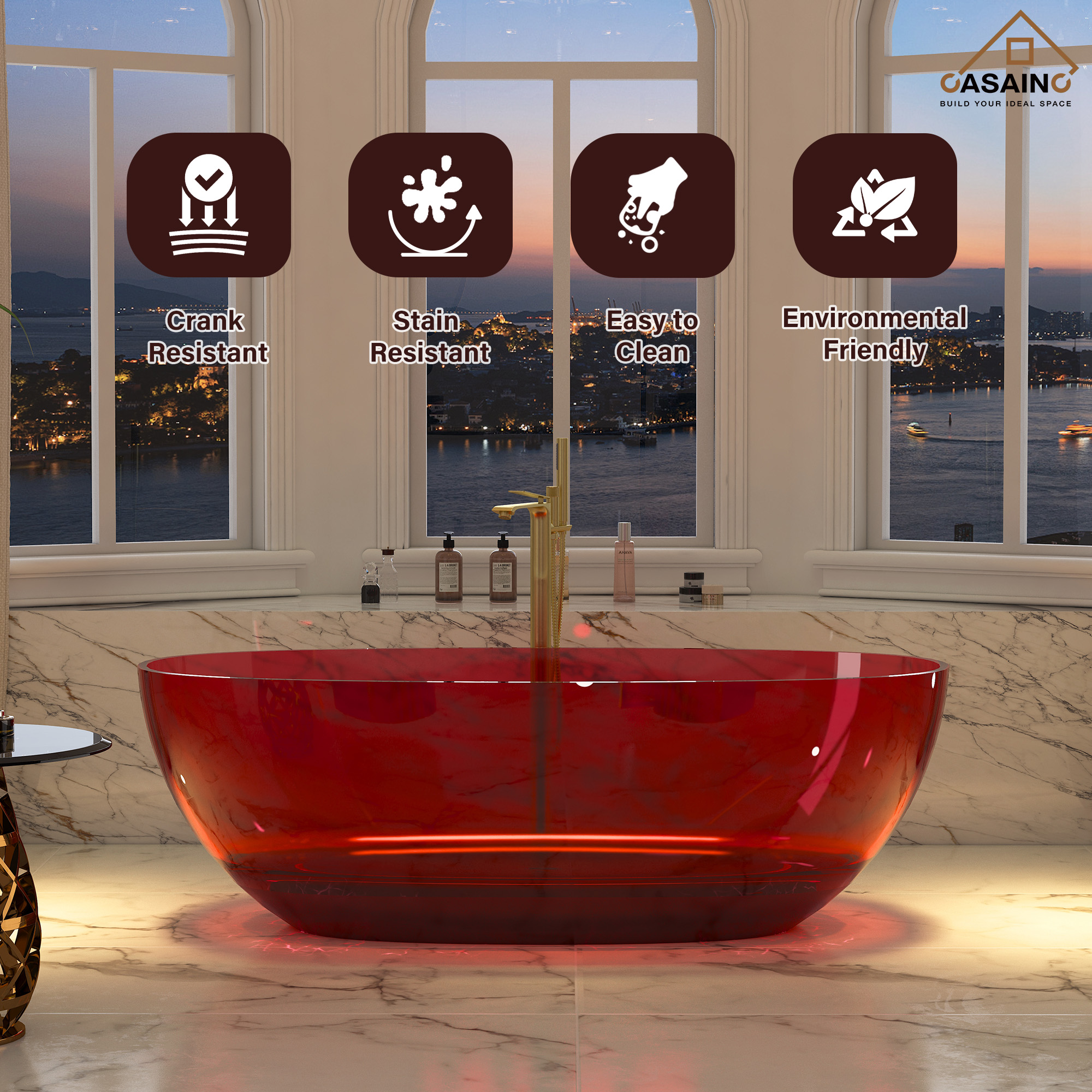 59"/67" Pure Resin Freestanding Transparent Bathtub with Center Drain