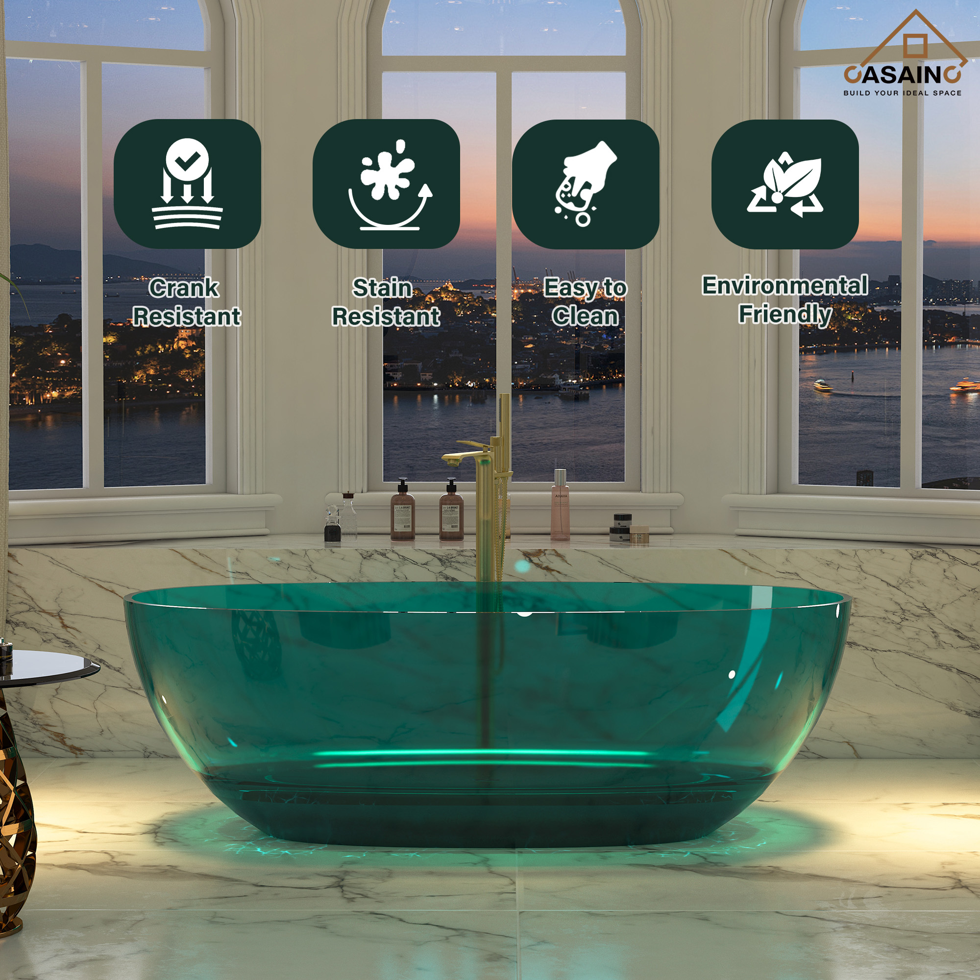 59"/67" Pure Resin Freestanding Transparent Bathtub with Center Drain