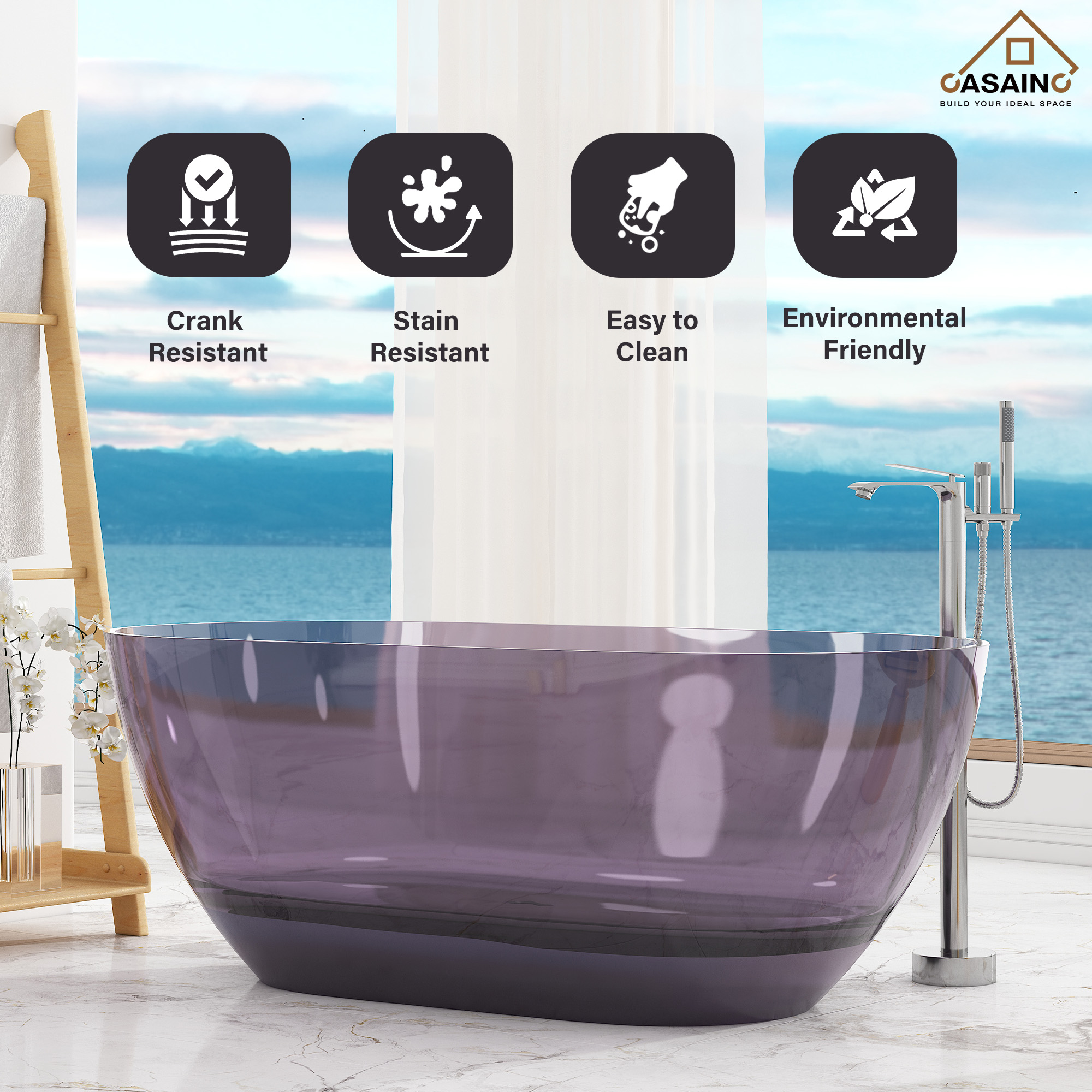 59"/69" Transparent Resin Freestanding Bathtub with Excellent Heat Retention