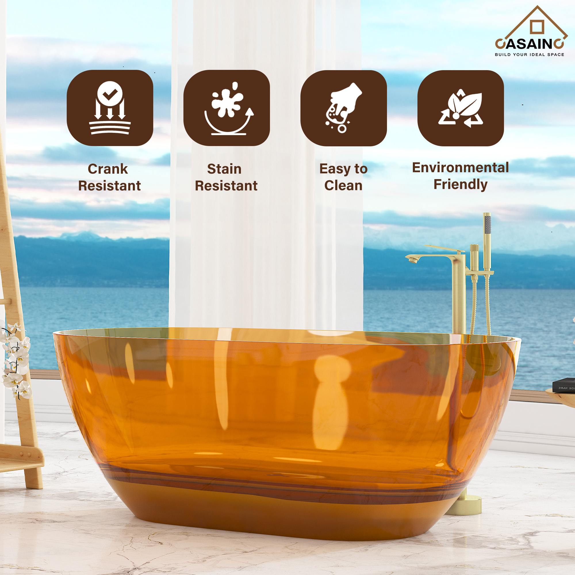 59"/69" Transparent Resin Freestanding Bathtub with Excellent Heat Retention
