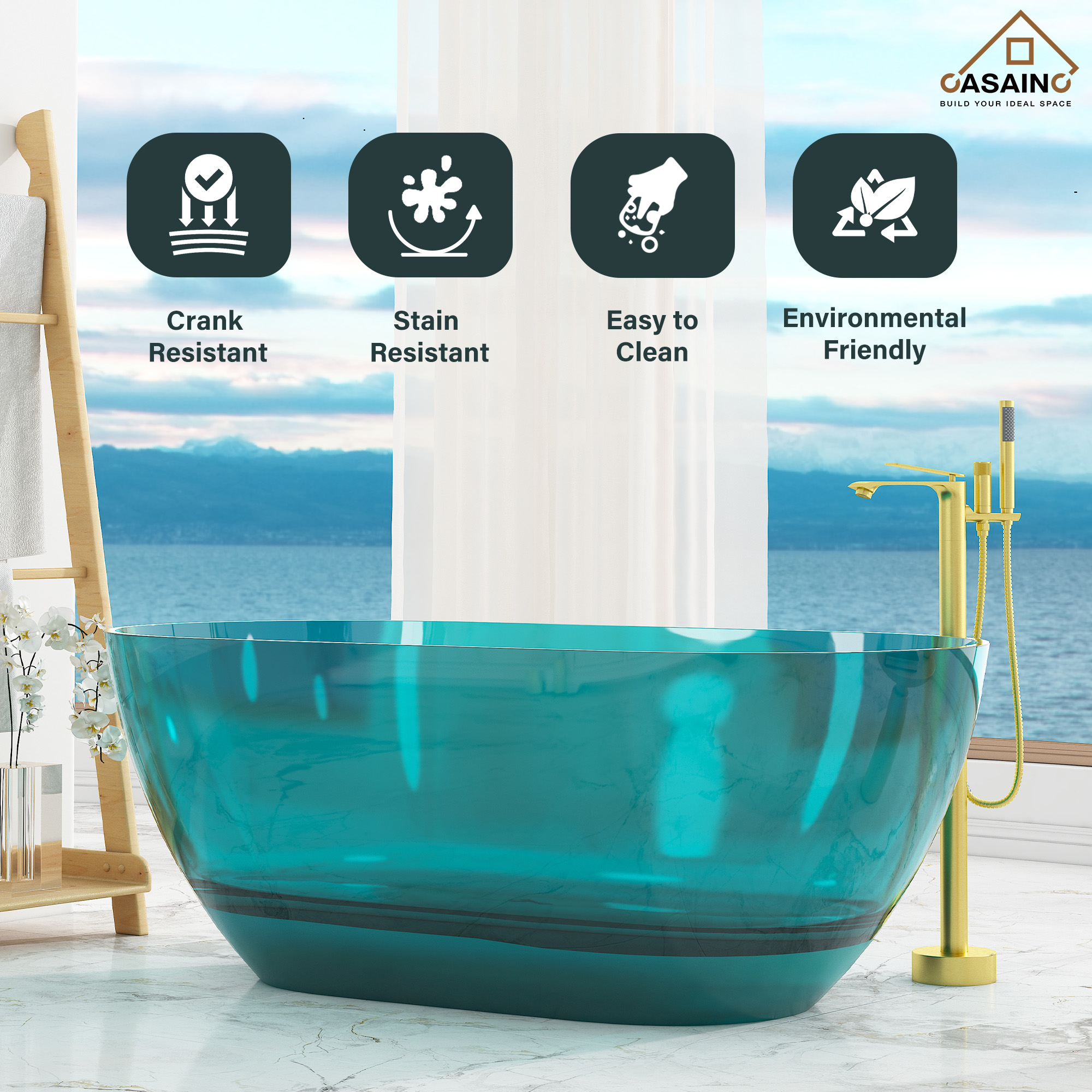 59"/69" Transparent Resin Freestanding Bathtub with Excellent Heat Retention