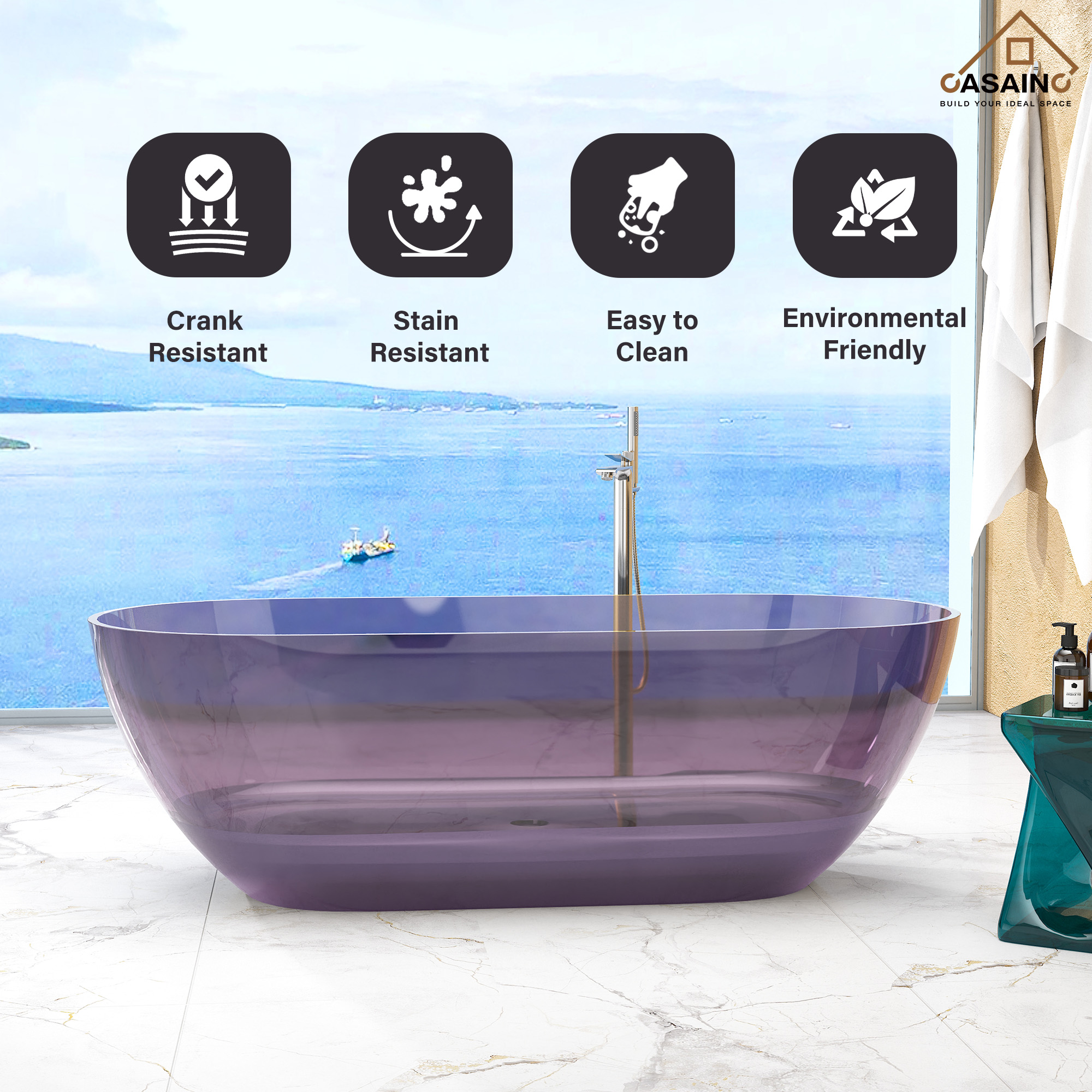 59"/69" Transparent Resin Freestanding Bathtub with Excellent Heat Retention