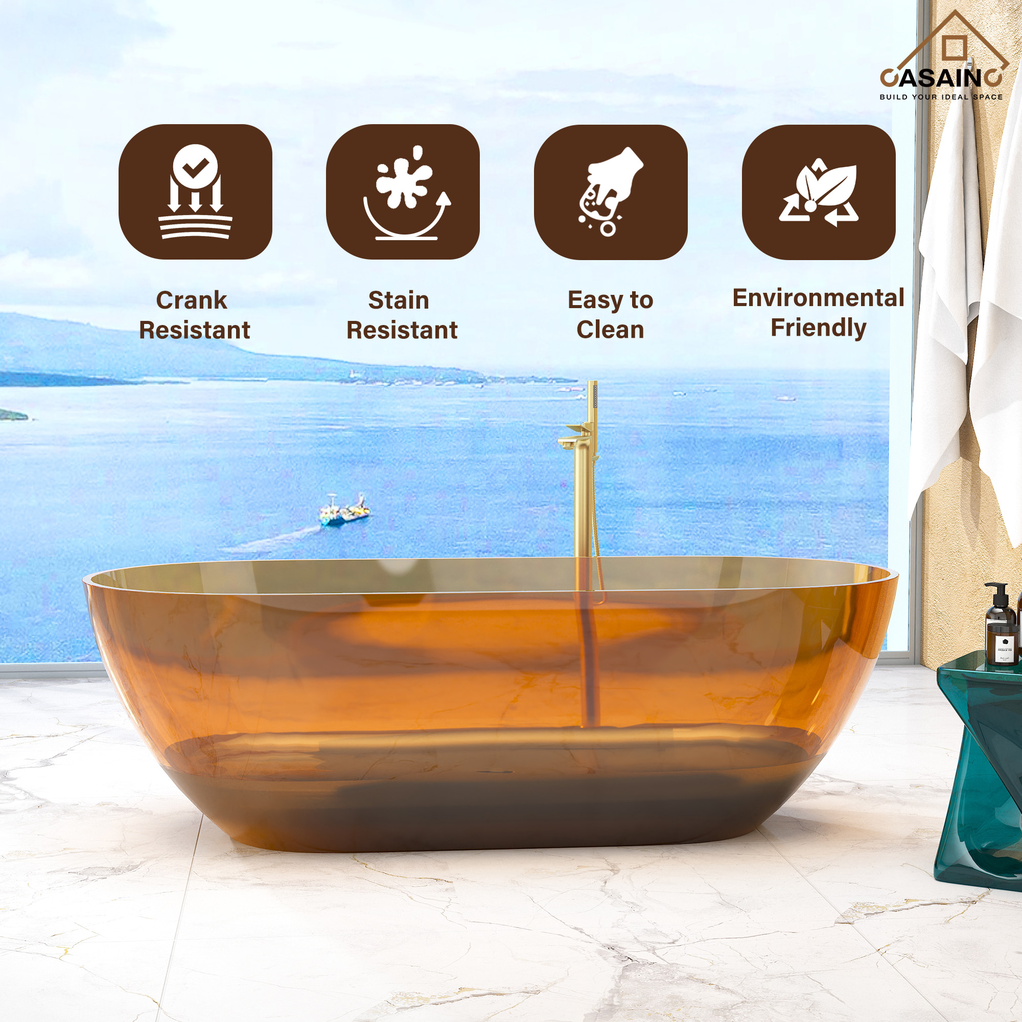 59"/69" Transparent Resin Freestanding Bathtub with Excellent Heat Retention