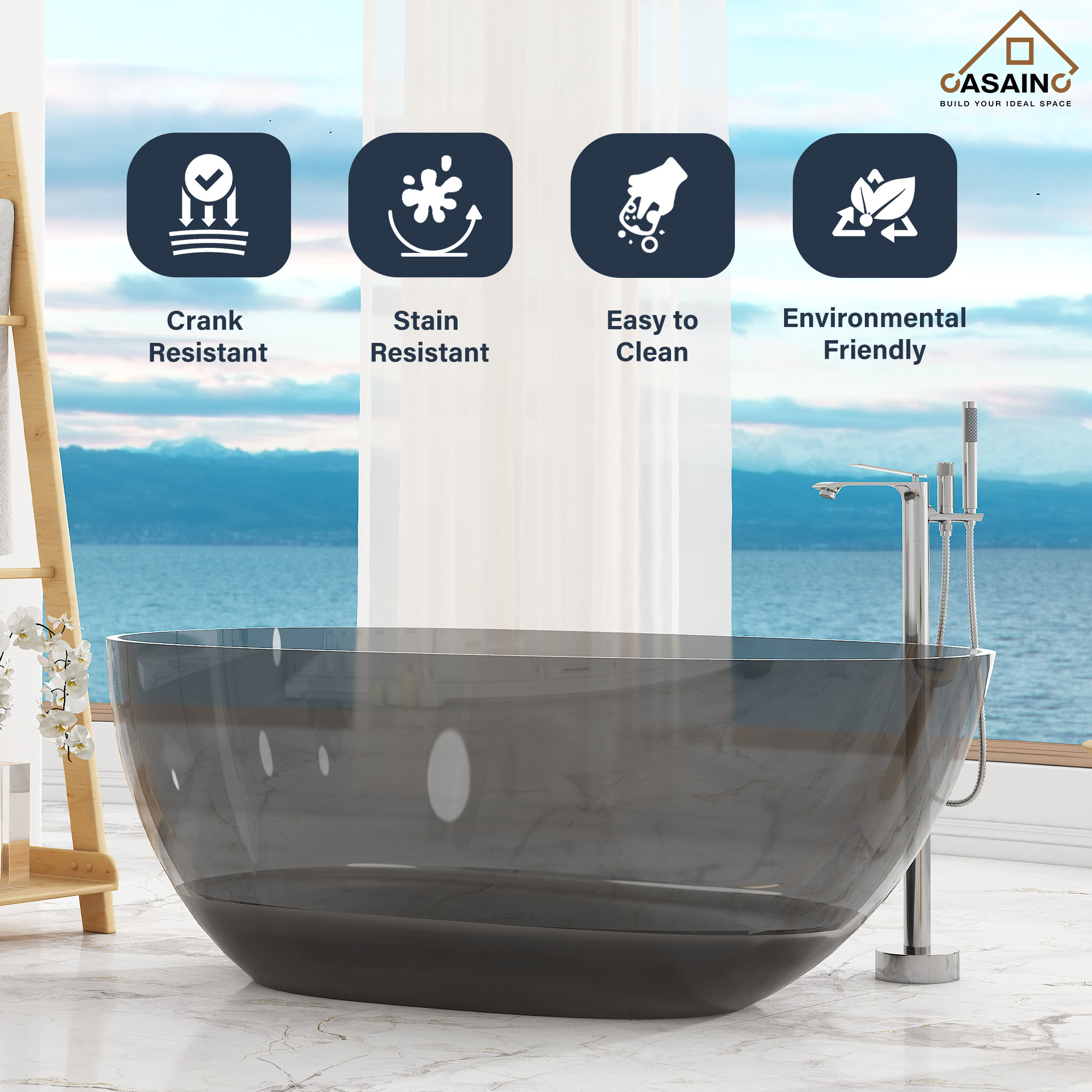 59"/67" Egg-Shaped Transparent Pure Resin Adult Freestanding Bathtub