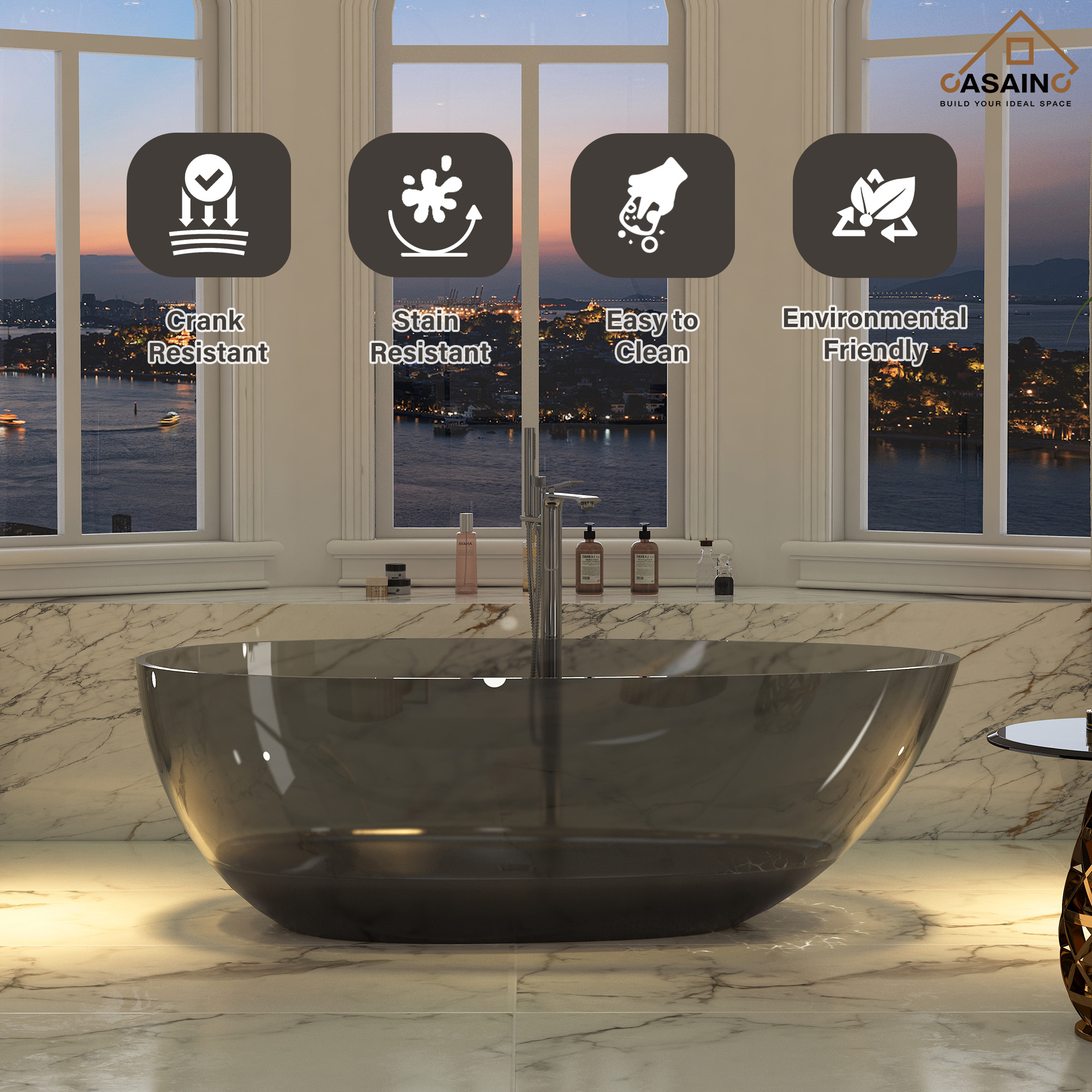 59"/67" Egg-Shaped Transparent Pure Resin Adult Freestanding Bathtub