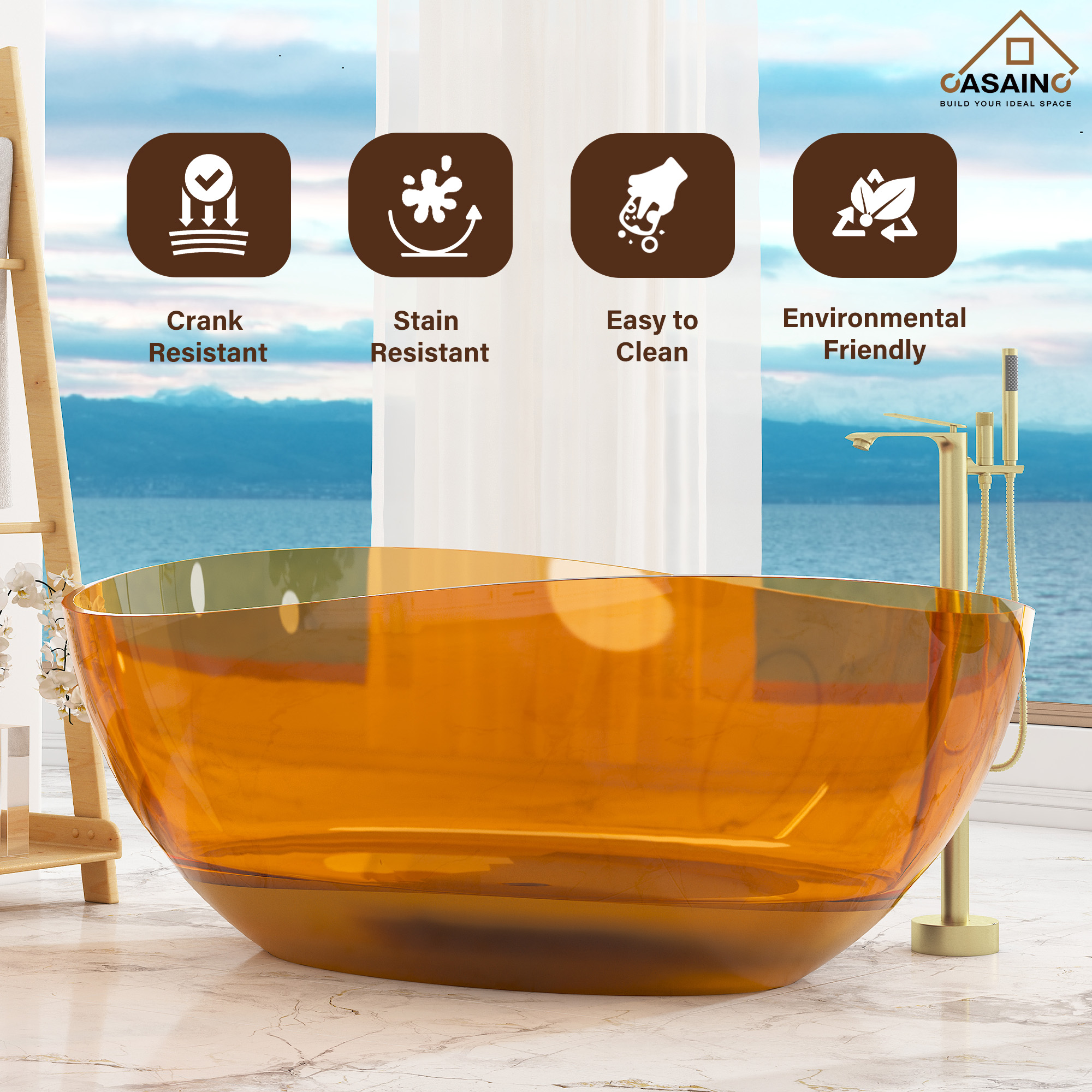 63" Unique Shaped Transparent Resin Freestanding Bathtub with Central Drain