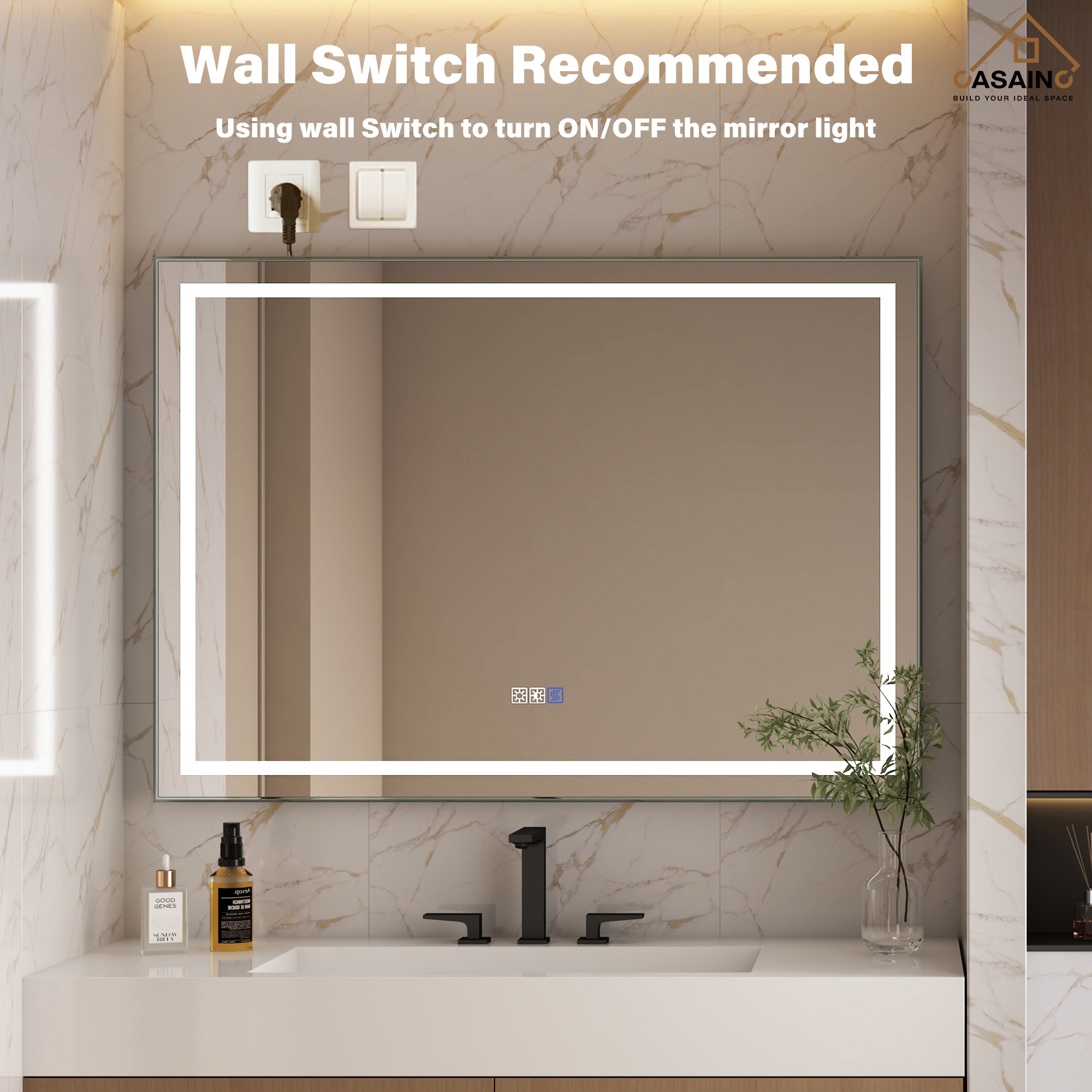 Frameless Rectangular LED Bathroom Mirror with Anti-Fog, Shatter-Proof