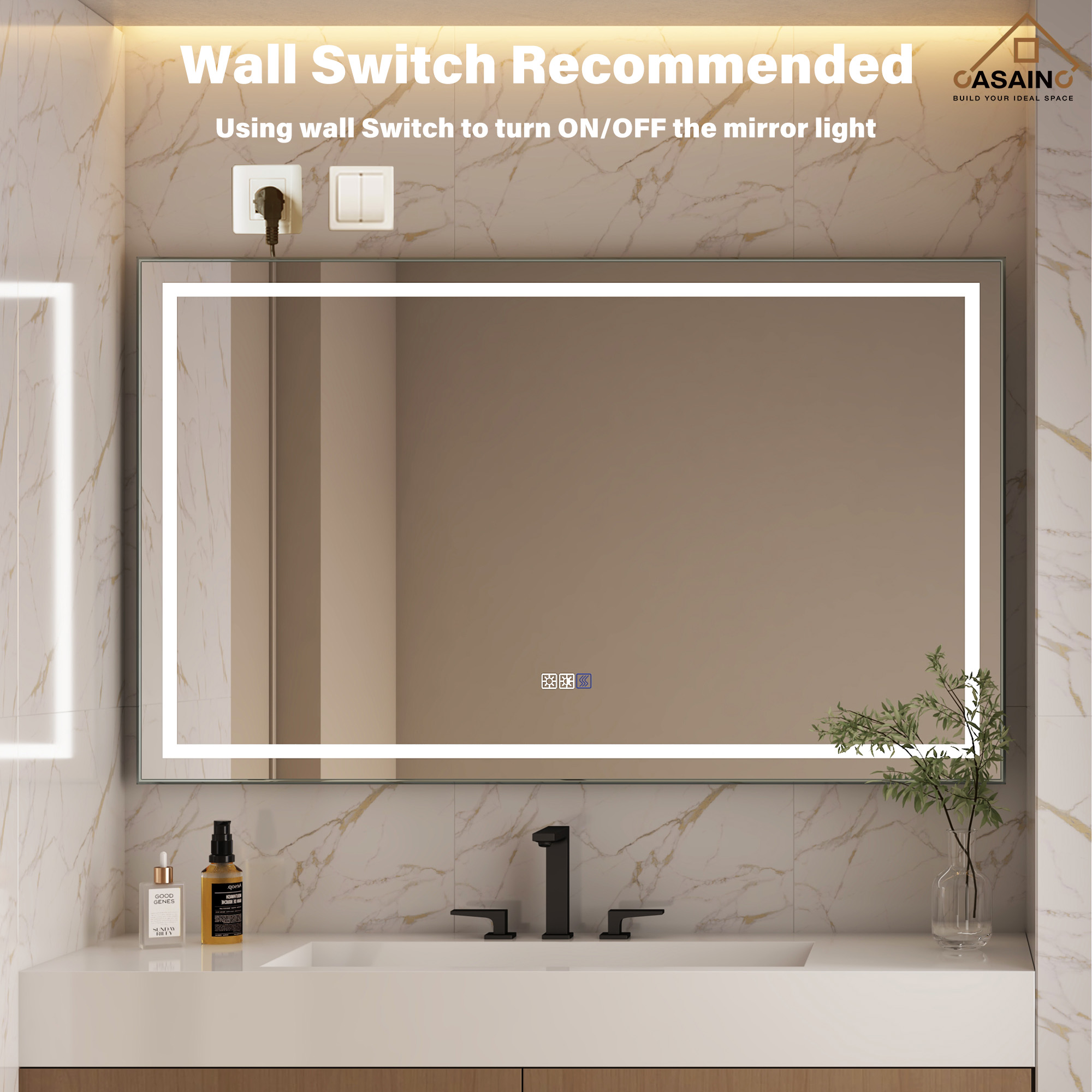 Frameless Rectangular LED Bathroom Mirror with Anti-Fog, Shatter-Proof