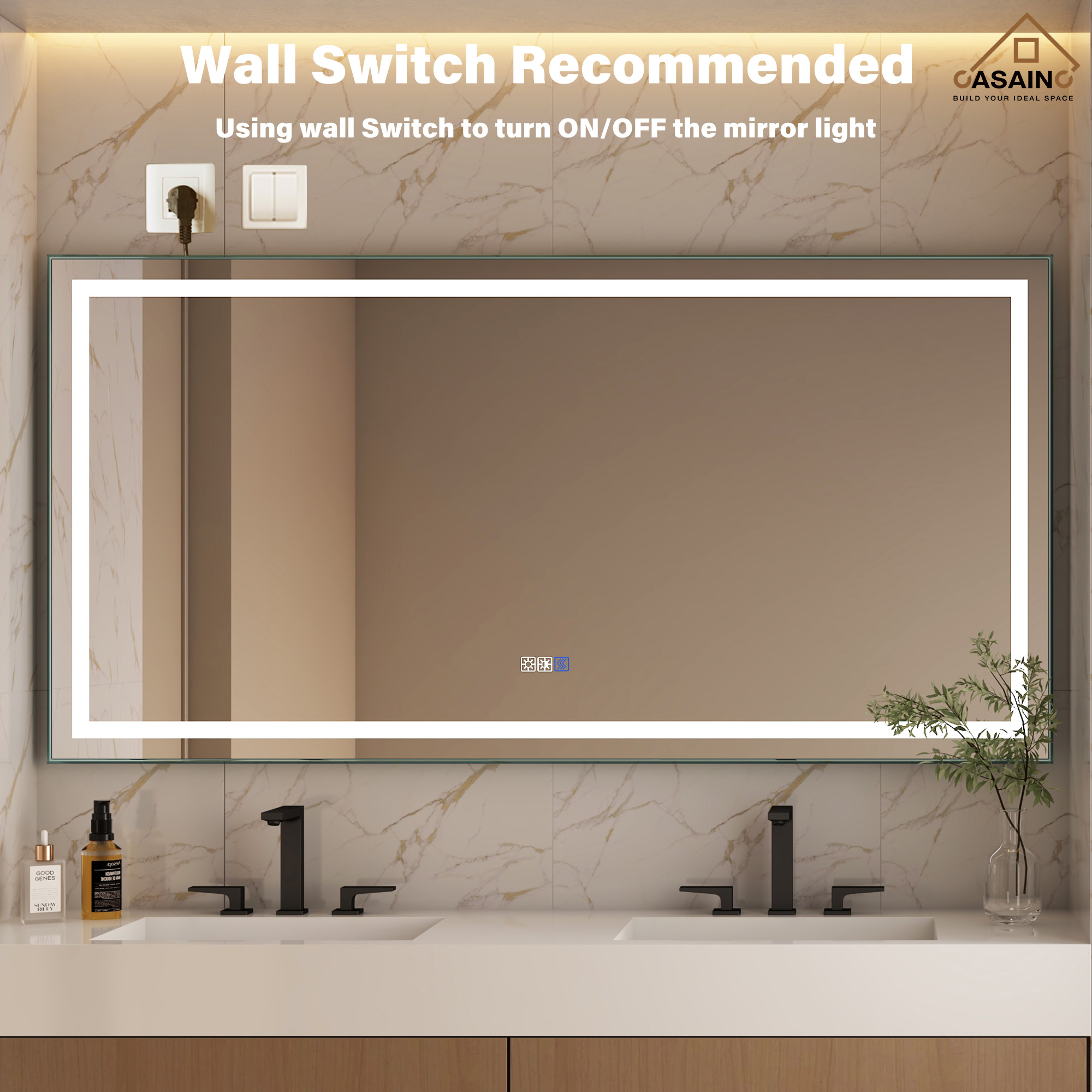 Frameless Rectangular LED Bathroom Mirror with Anti-Fog, Shatter-Proof