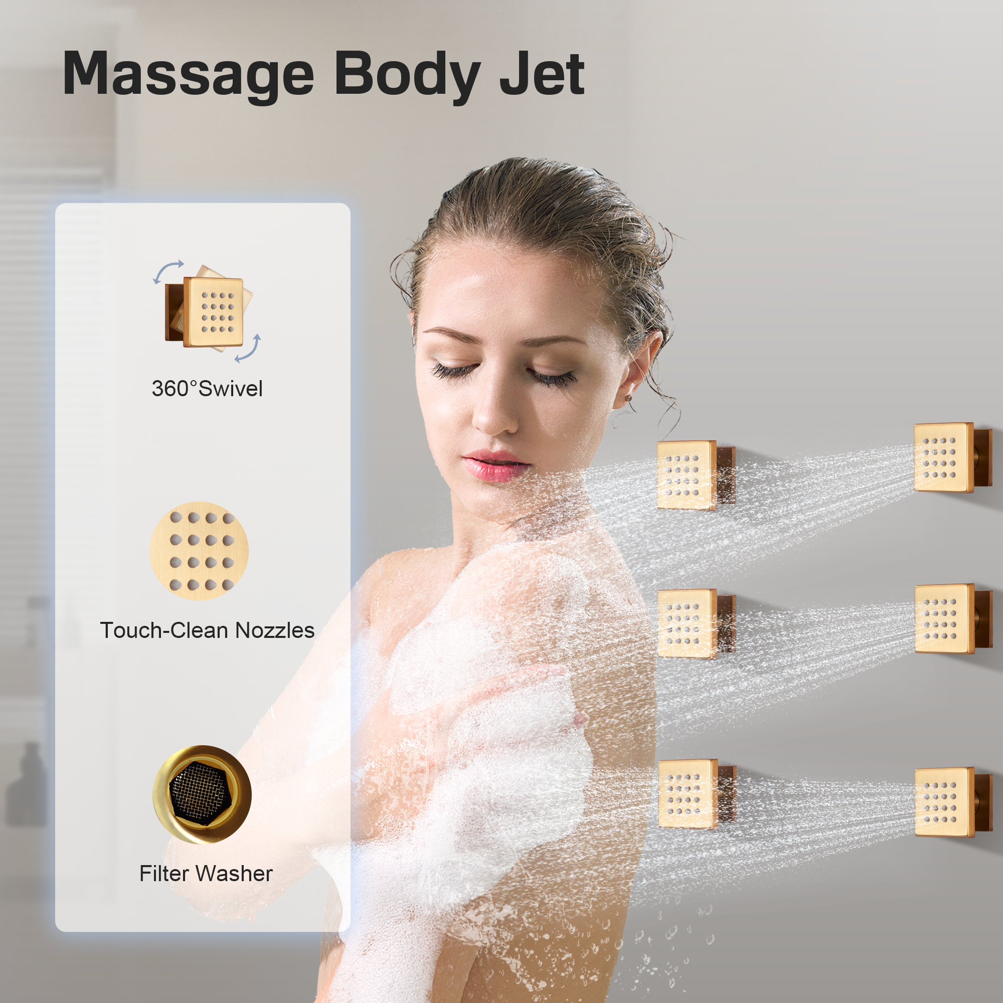 12" Thermostatic Shower System with Rainfall Showerhead & 6 Body Jets