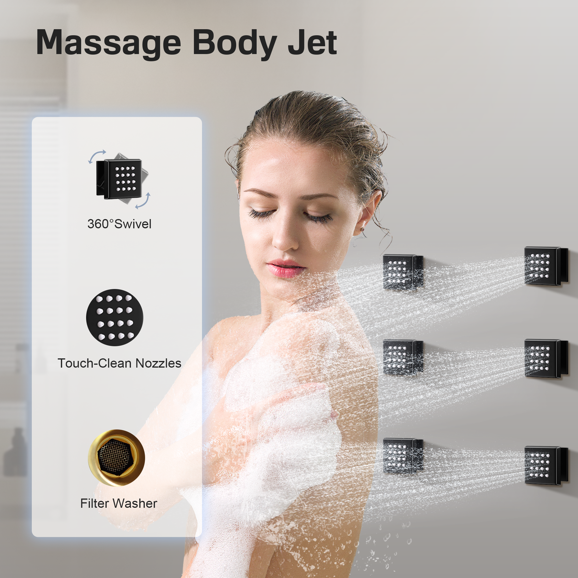 12" Thermostatic Shower System with Rainfall Showerhead & 6 Body Jets