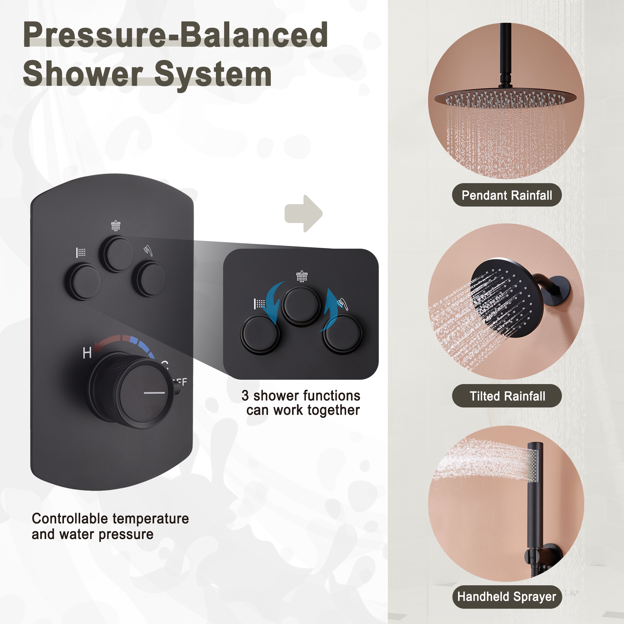 3-Function Shower System with Dual Showerheads and Balancing Valve