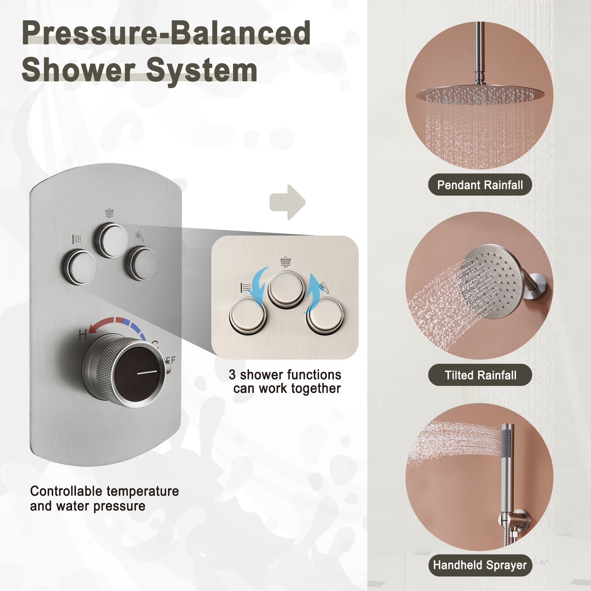 3-Function Shower System with Dual Showerheads and Balancing Valve