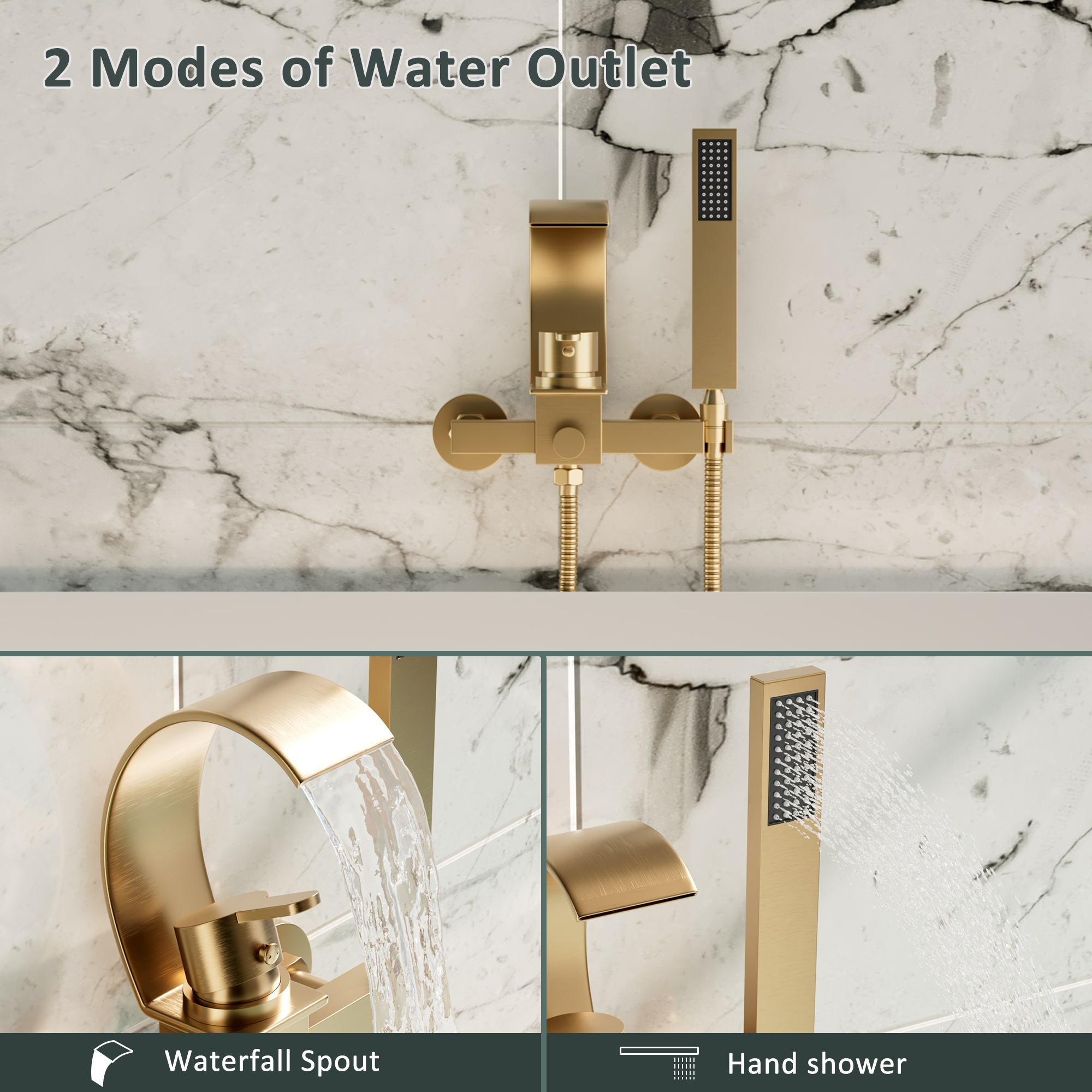 Wall-Mounted Brass Waterfall Tub Filler with Handheld Shower