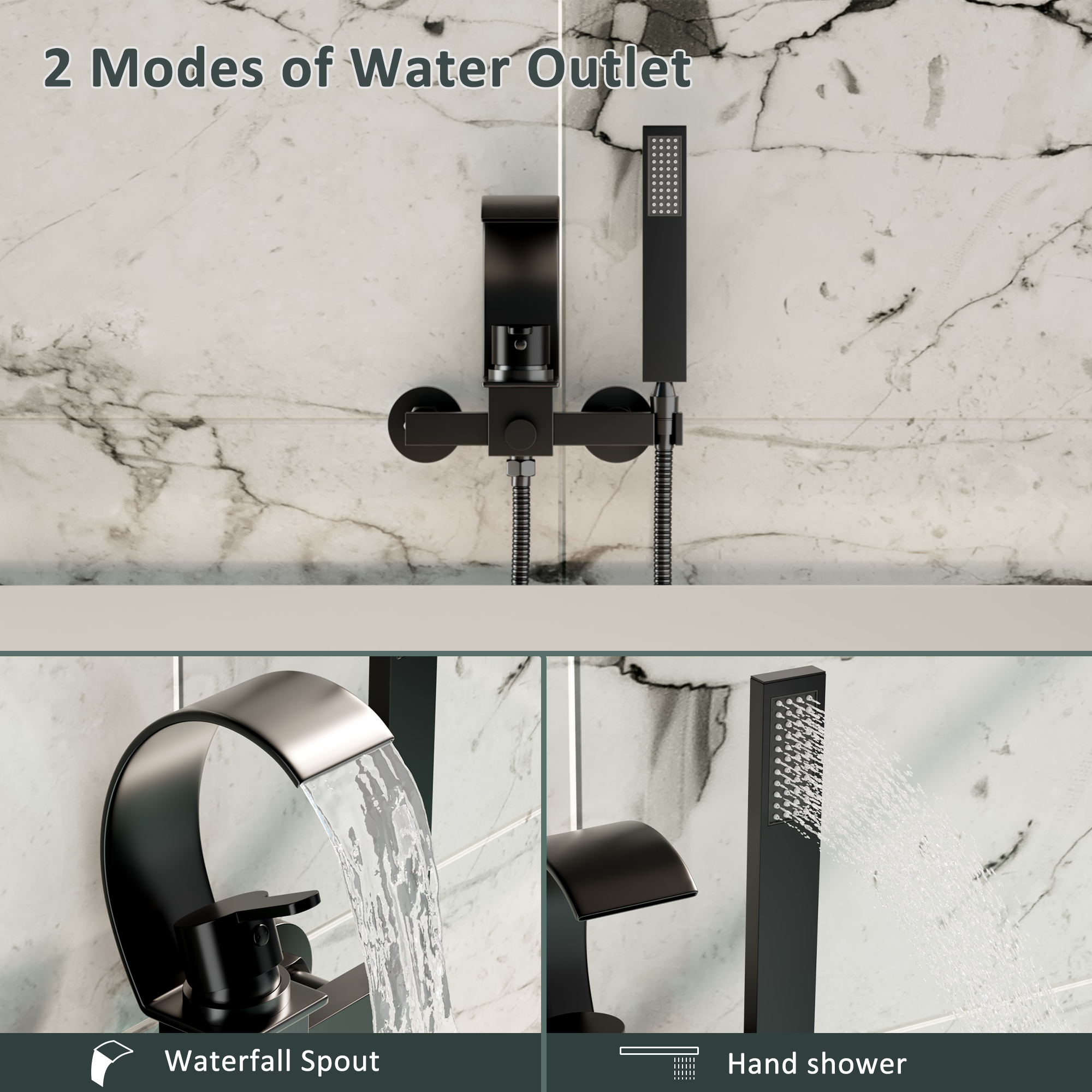 Wall-Mounted Brass Waterfall Tub Filler with Handheld Shower