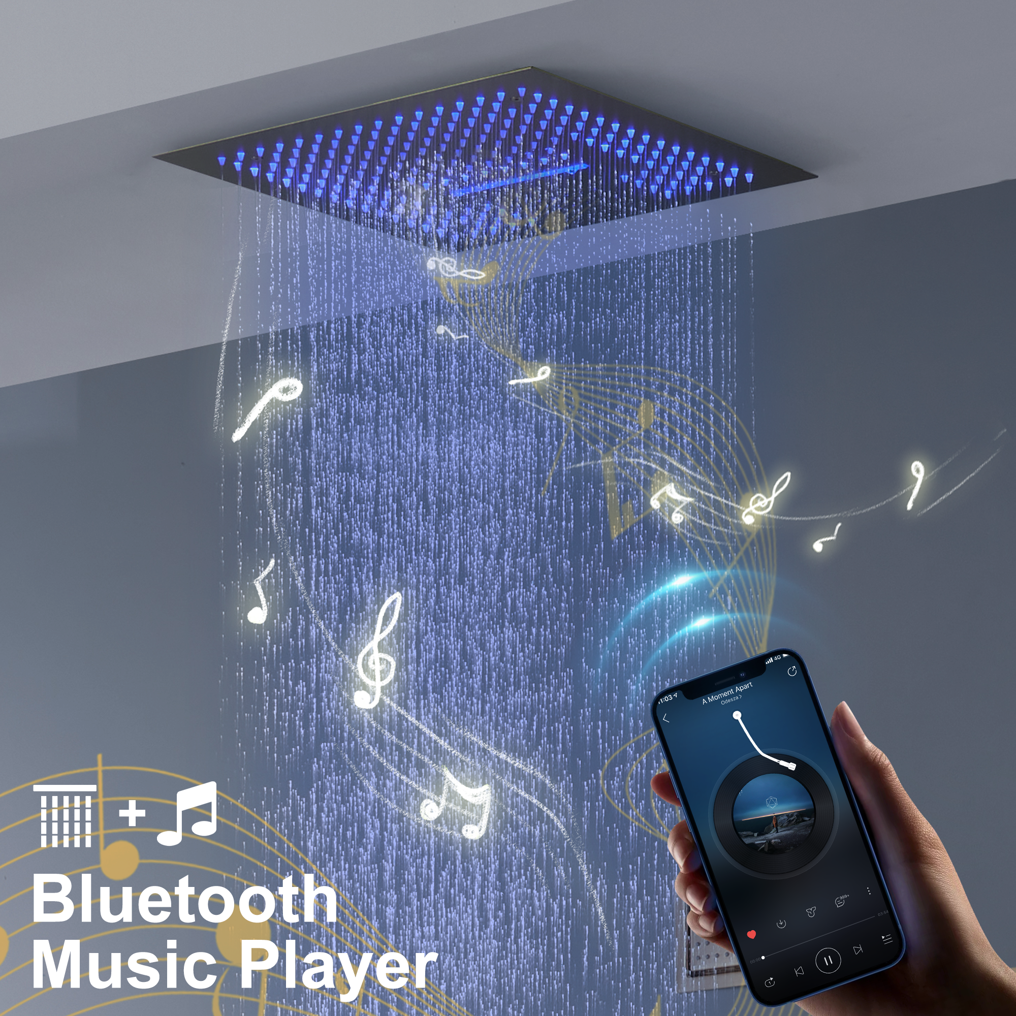 16" Ceiling-Mount 4-Way Shower System with LED Display and Music Player