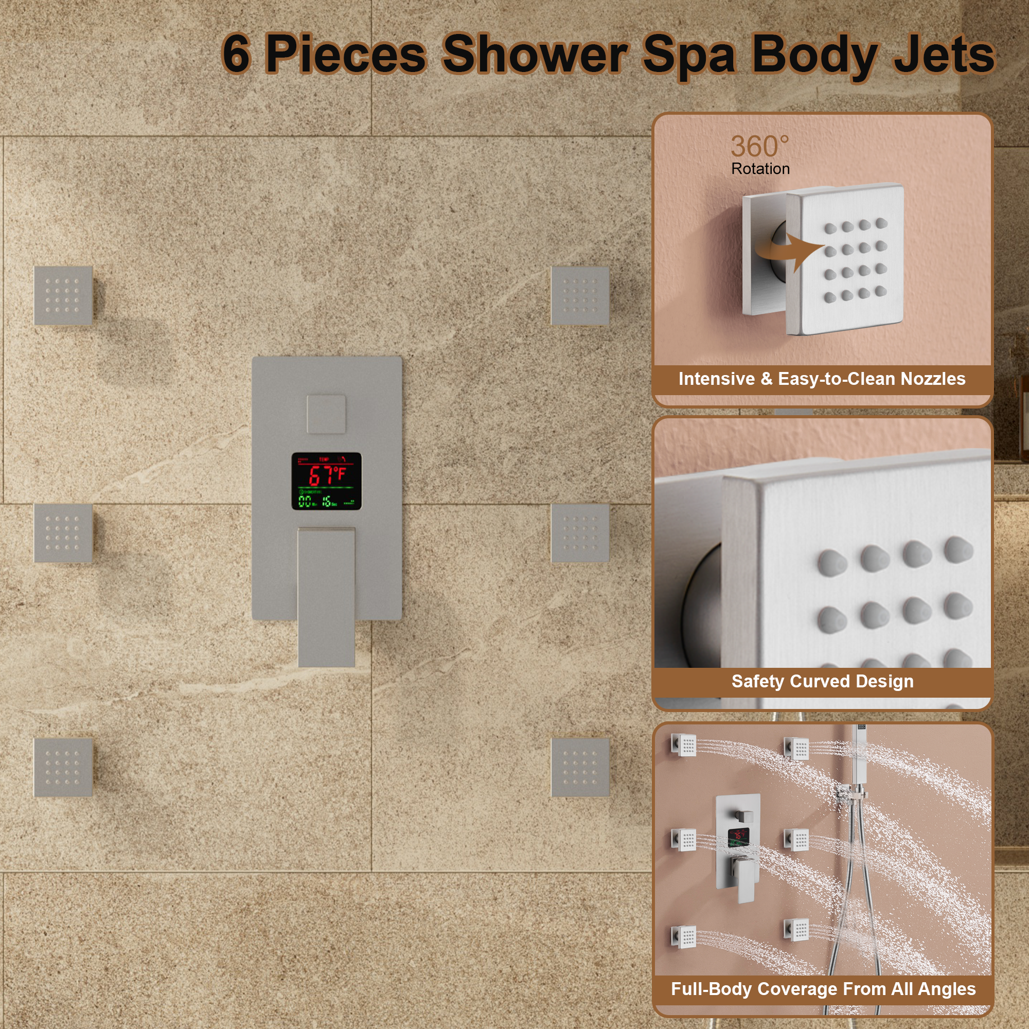 12" Ceiling-Mounted Shower System with Digital Display & 6 Body Jets