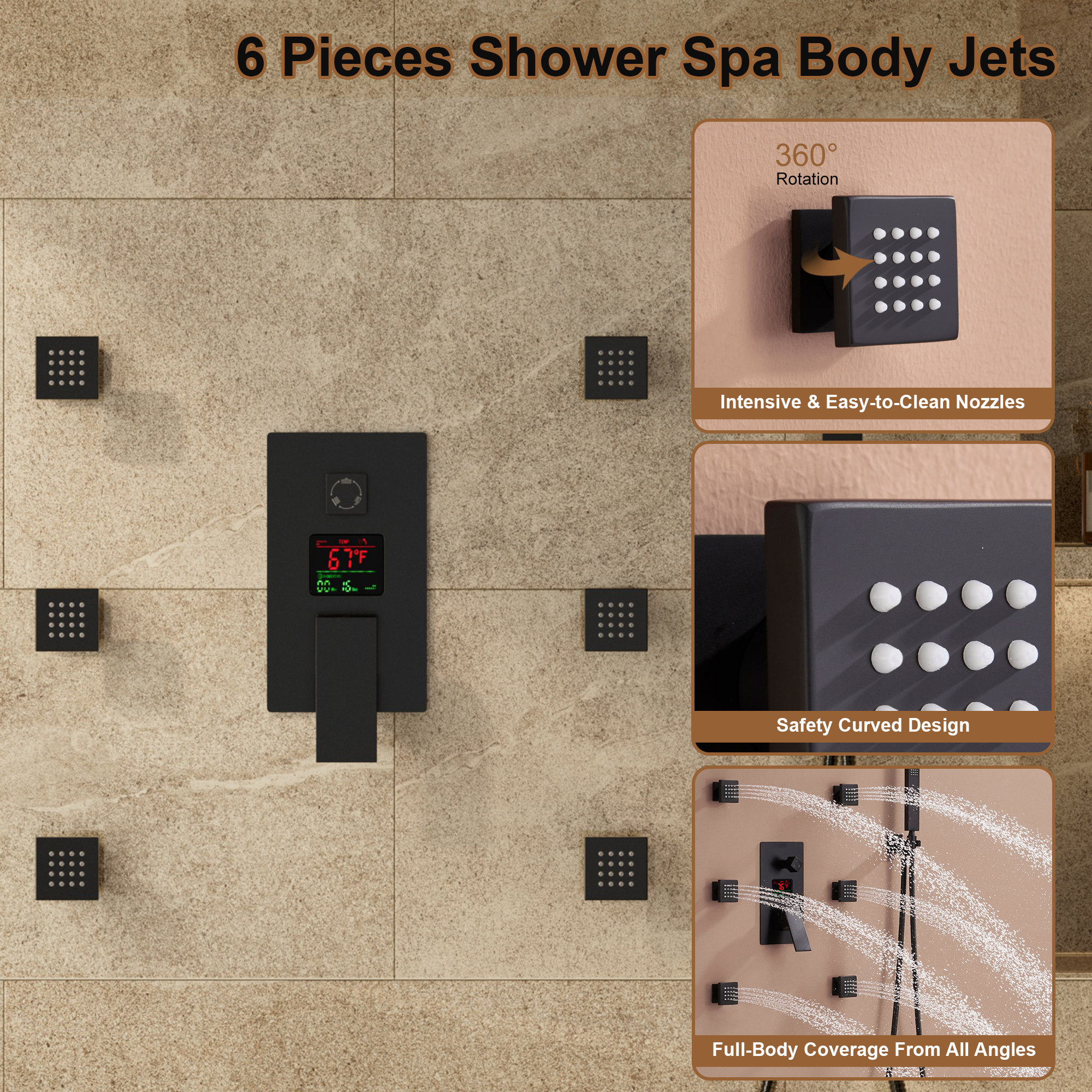 12" Ceiling-Mounted Shower System with Digital Display & 6 Body Jets