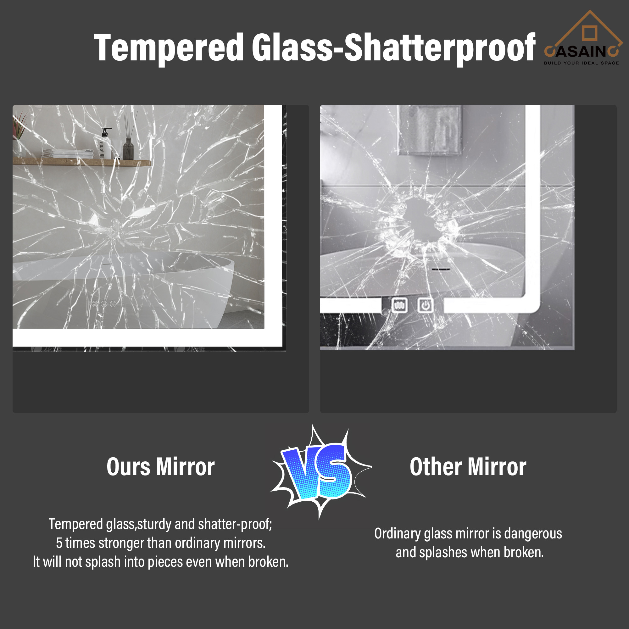 Tempered Glass LED Mirror with Aluminum Frame for Bathroom Vanity