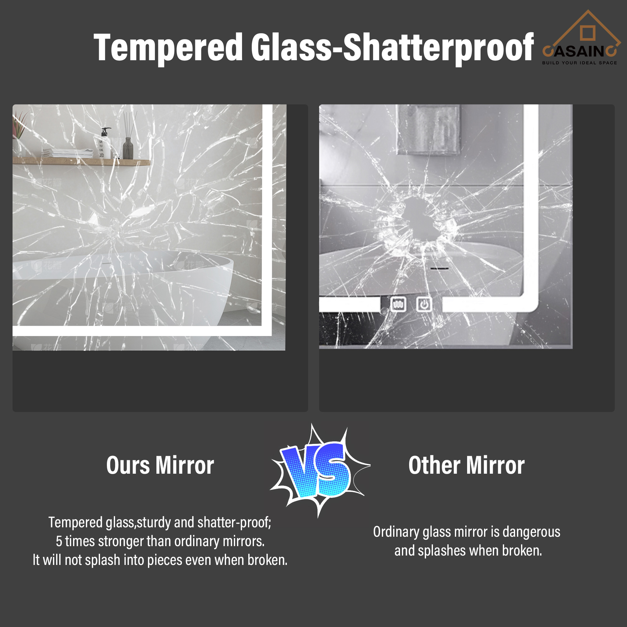 Rectangular Frameless LED Bathroom Mirror with Anti-Fog & Adjustable Color