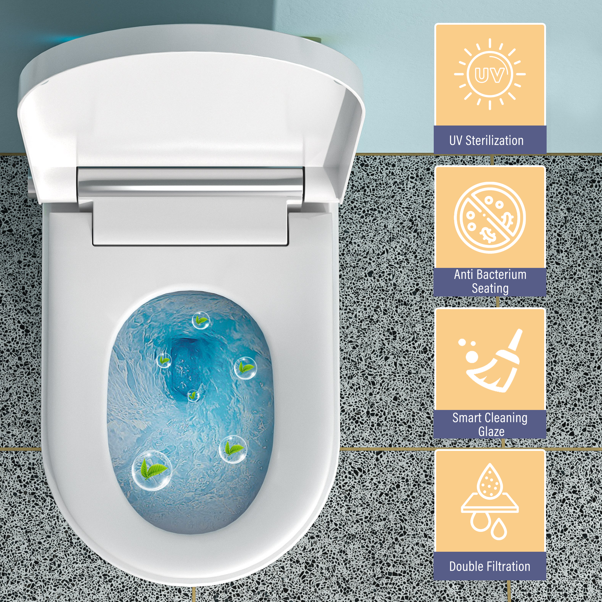 Elongated Heated Seat Smart Toilet with Built-In Bidet and Multicolor LED Backlight