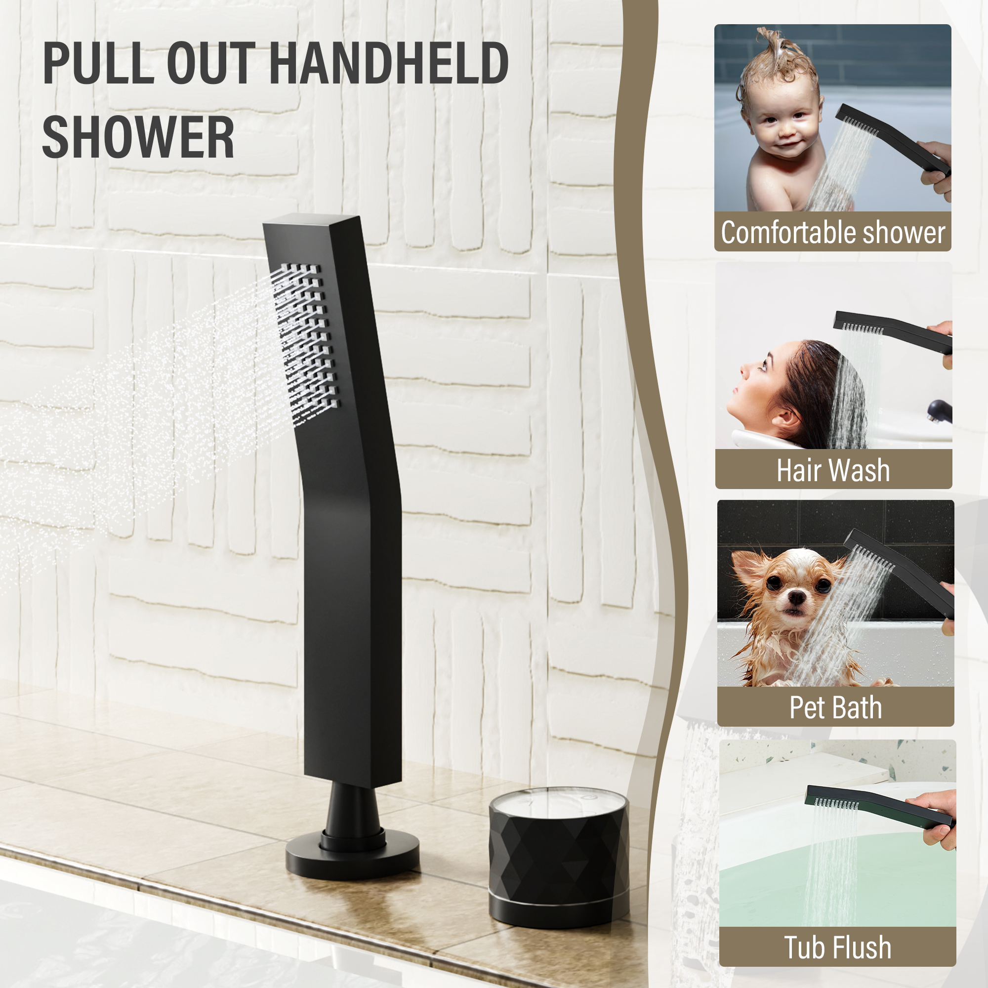 C-Shaped Curved Design 3-Handle Roman Bathtub Faucet with Hand Shower