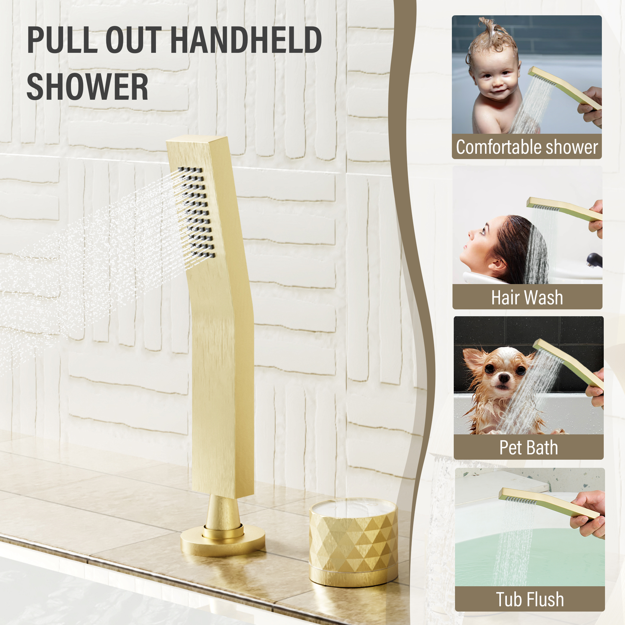 C-Shaped Curved Design 3-Handle Roman Bathtub Faucet with Hand Shower