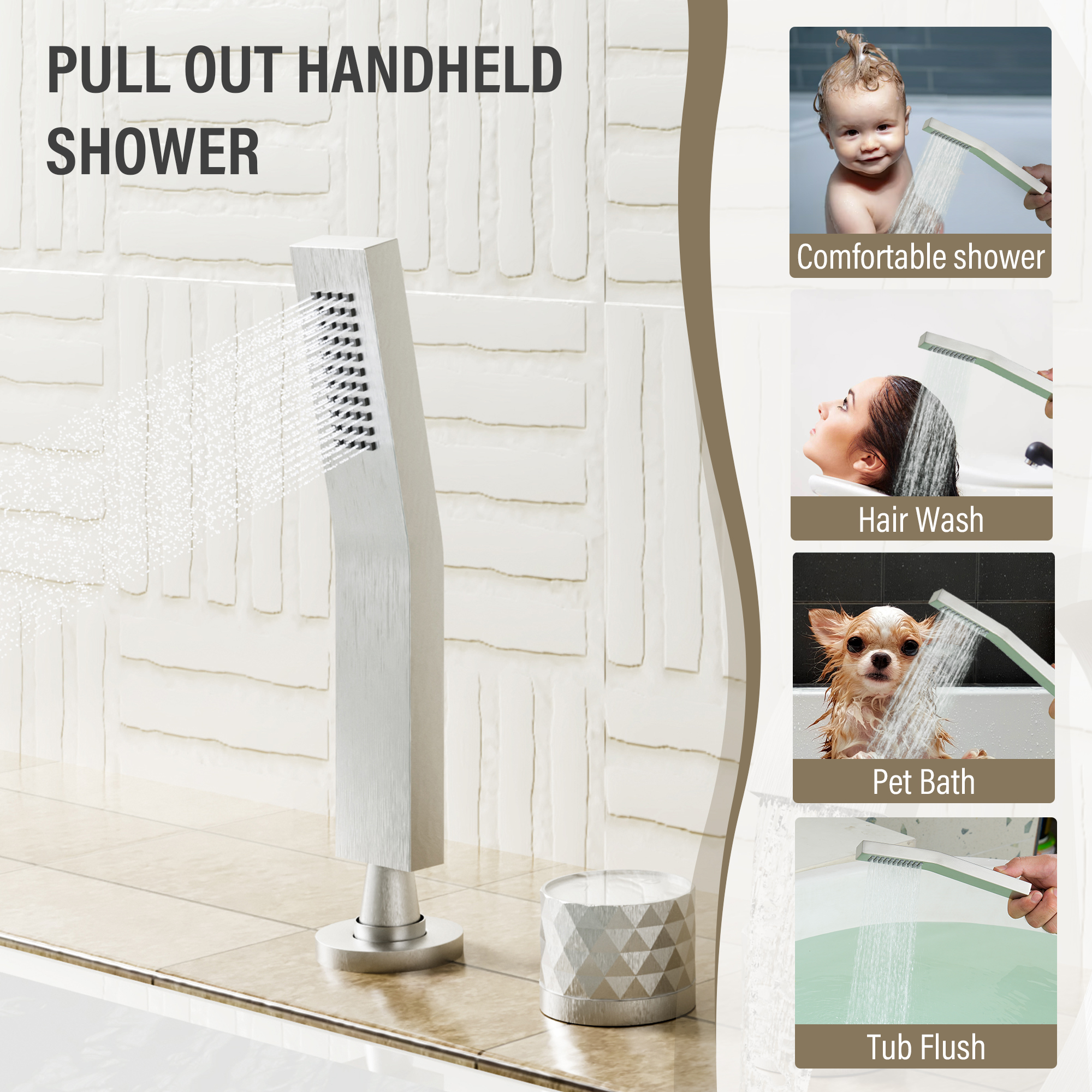 C-Shaped Curved Design 3-Handle Roman Bathtub Faucet with Hand Shower