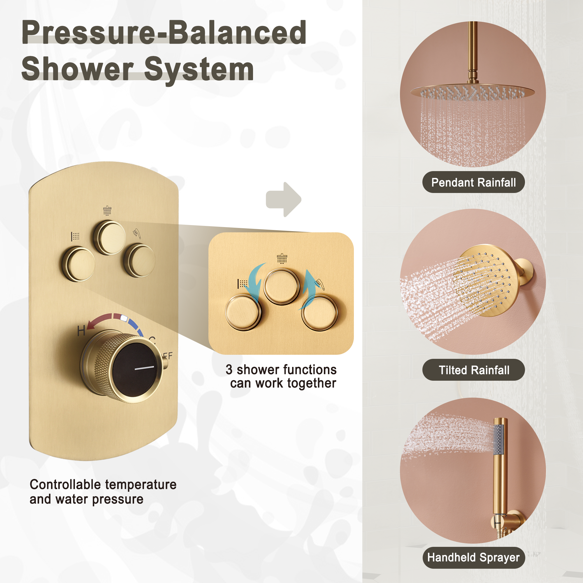 3-Function Shower System with Dual Showerheads and Balancing Valve