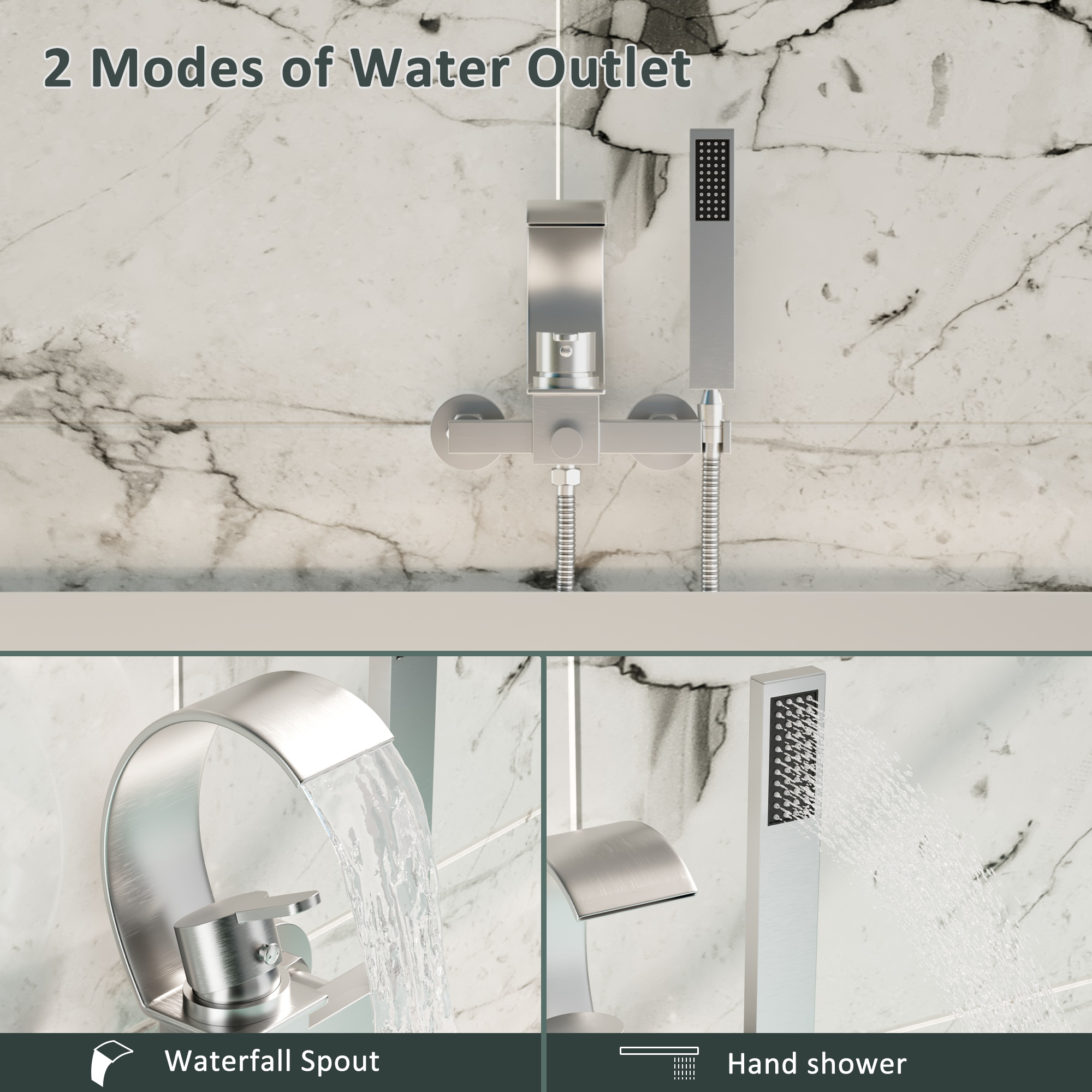 Wall-Mounted Brass Waterfall Tub Filler with Handheld Shower