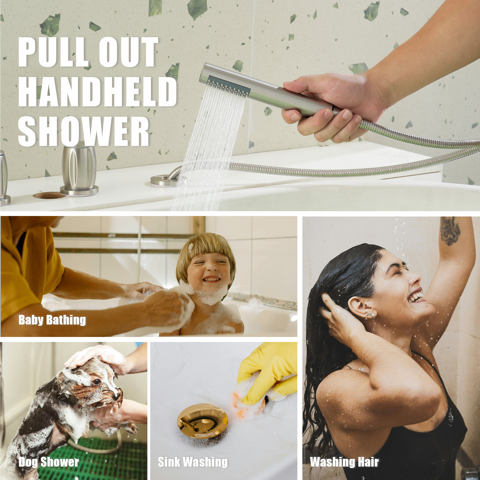 3-Handle Deck-Mounted Waterfall Roman Tub Faucet with Hand Shower