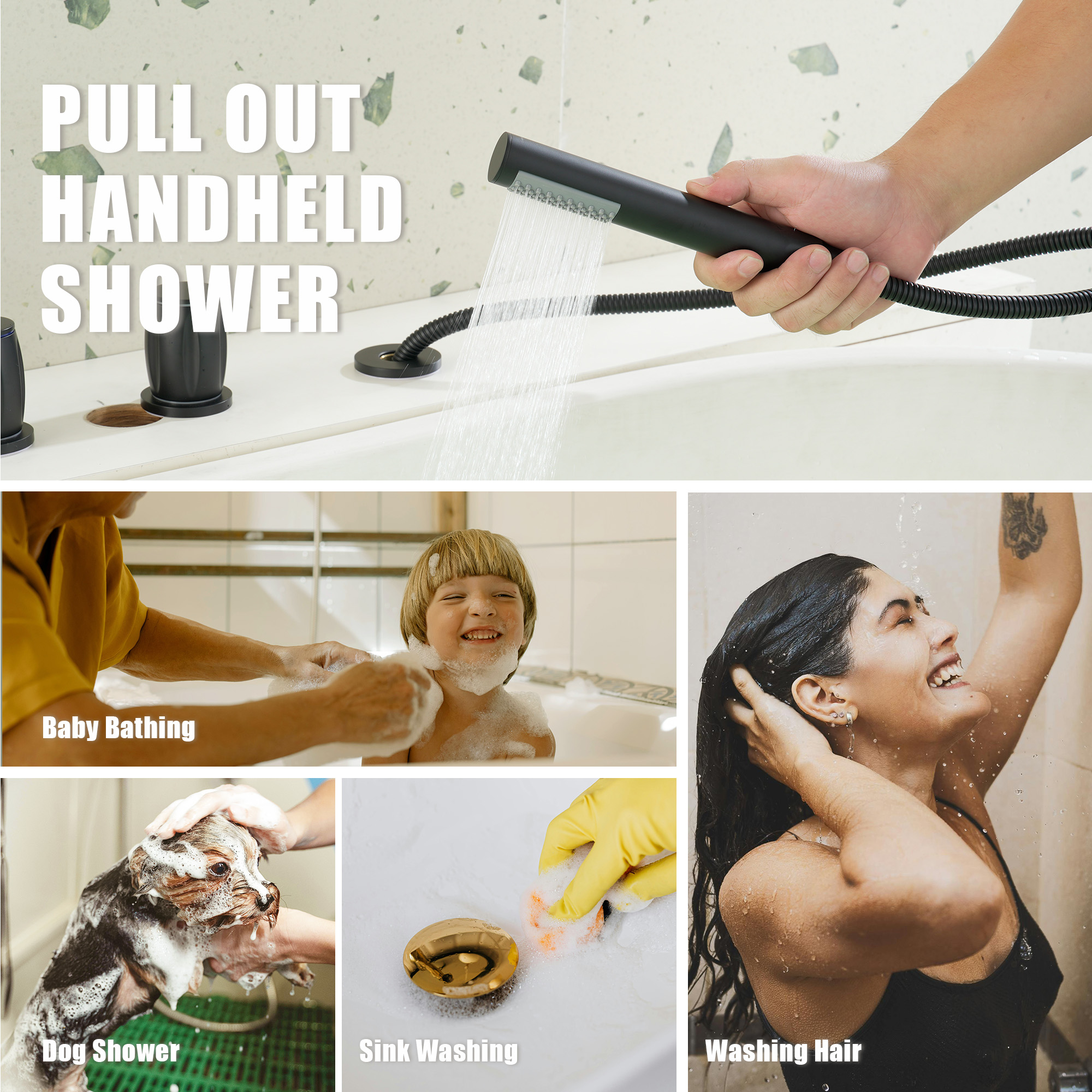 3-Handle Deck-Mounted Waterfall Roman Tub Faucet with Hand Shower