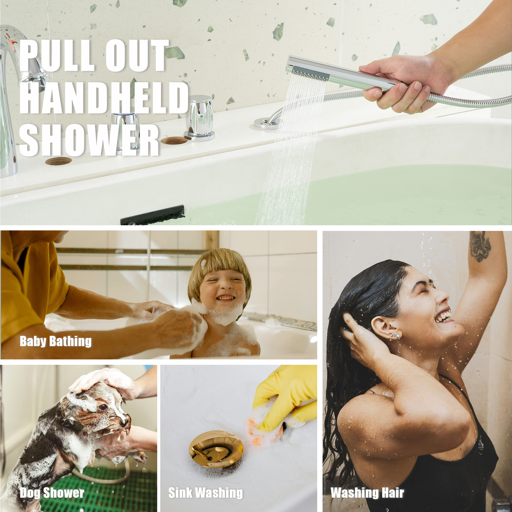 3-Handle Deck-Mounted Waterfall Roman Tub Faucet with Hand Shower