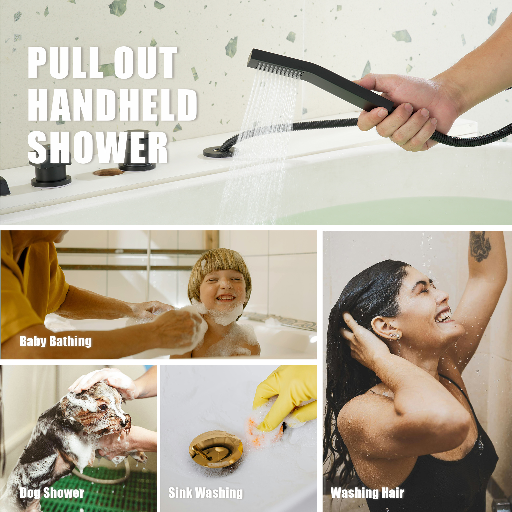 3-Handle 5 Holes Deck-Mounted Bathtub Faucet with Handheld Shower