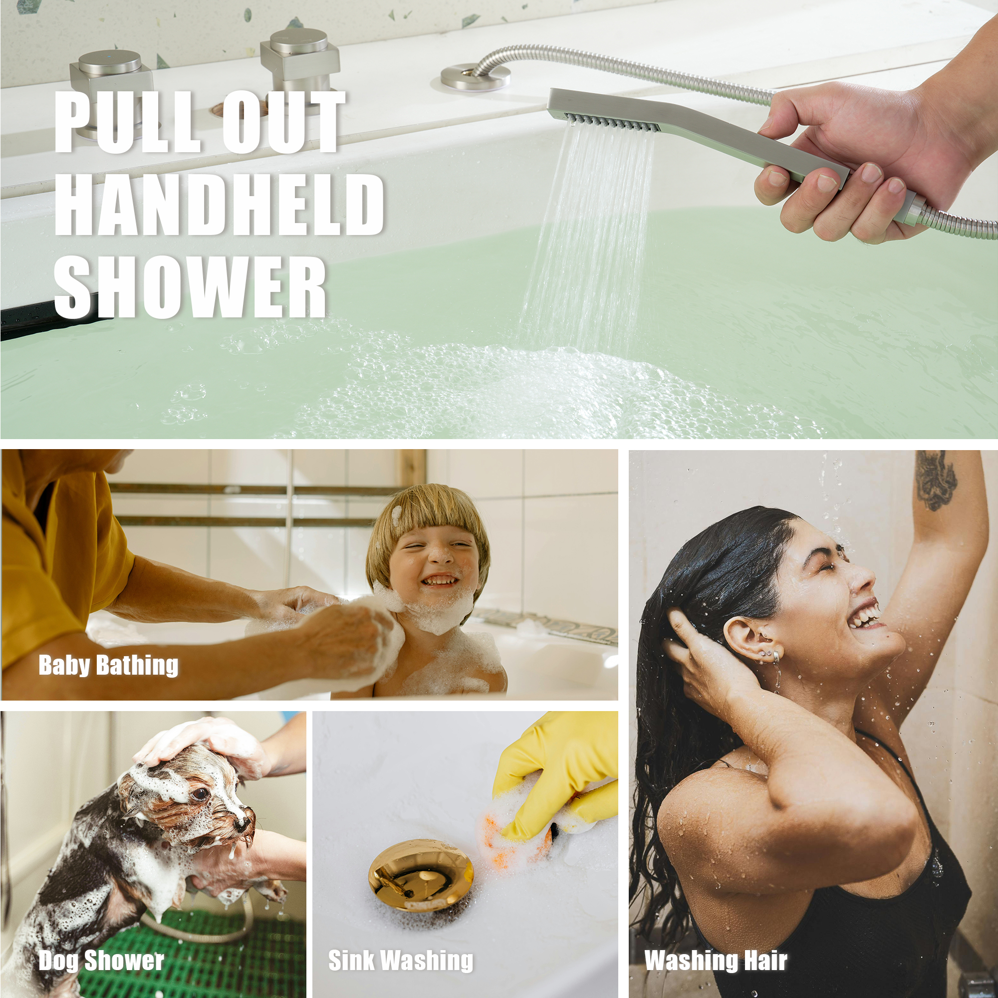3-Handle 5 Holes Deck-Mounted Bathtub Faucet with Handheld Shower