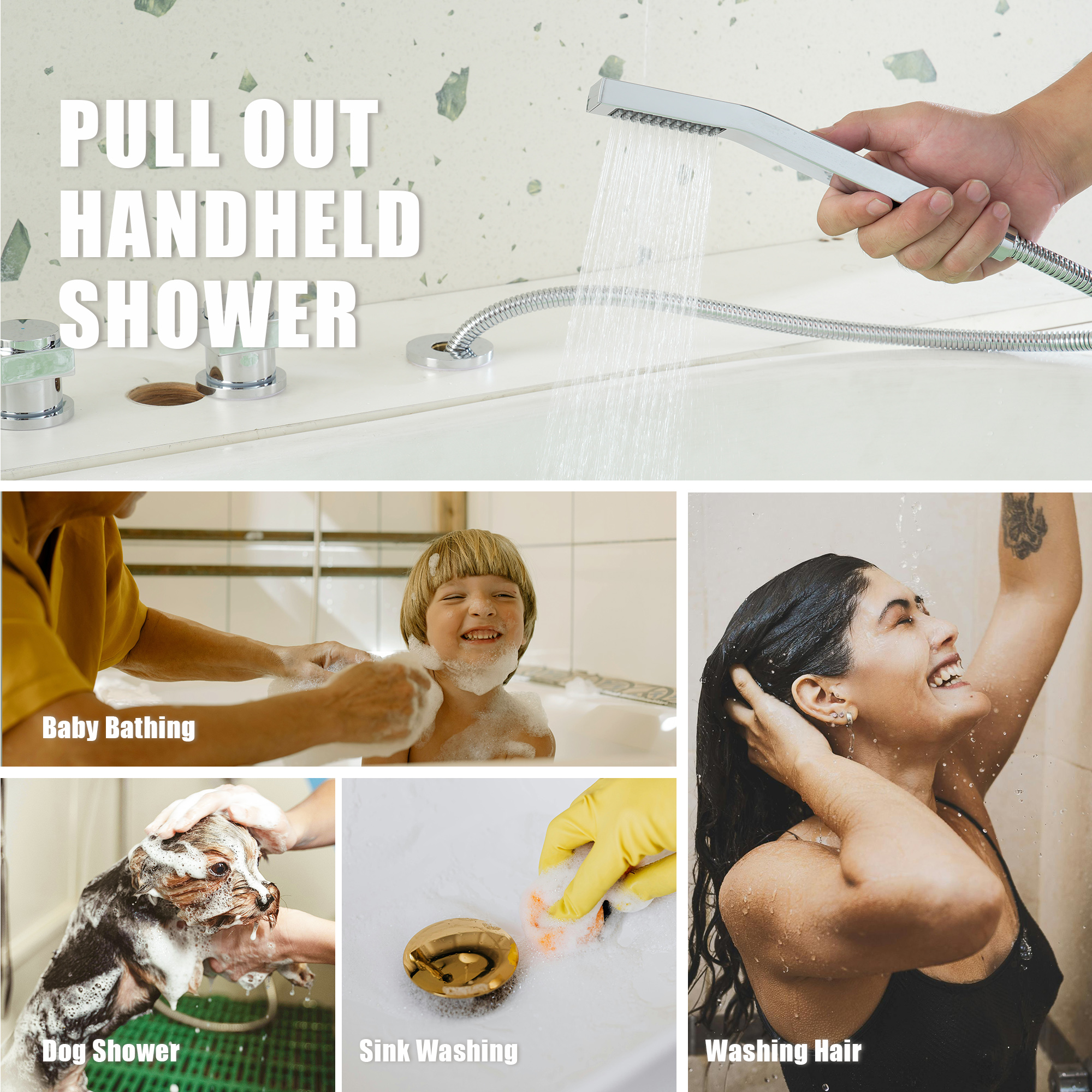 3-Handle 5 Holes Deck-Mounted Bathtub Faucet with Handheld Shower