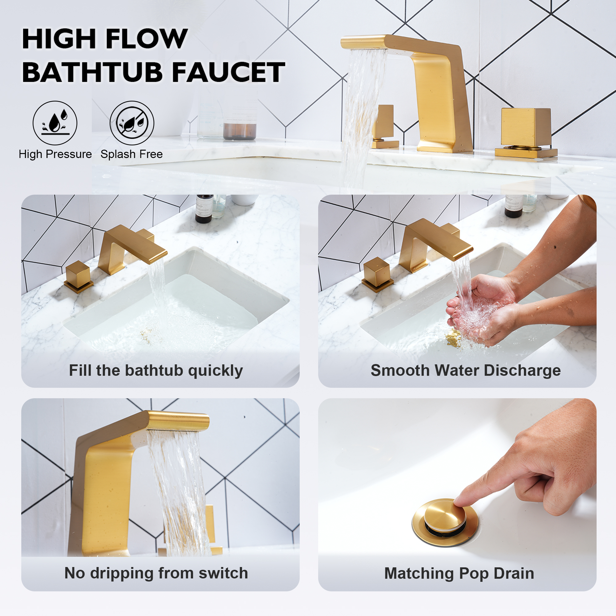 3-Hole Deck-Mounted Waterfall Basin Faucet Bathroom Sink Faucet