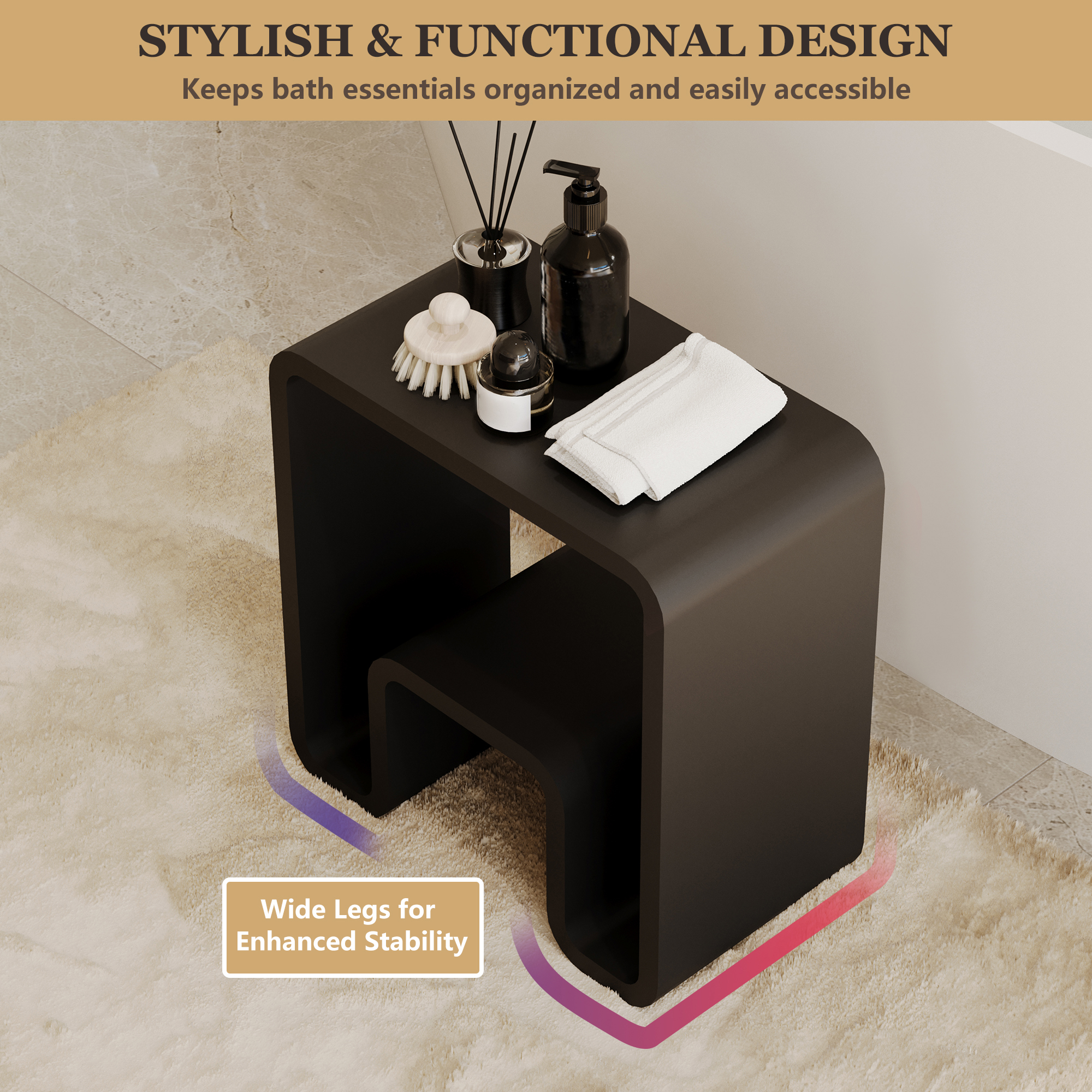 Solid Surface Freestanding Shower Stool with Wide Legs & Dual-Layer Design