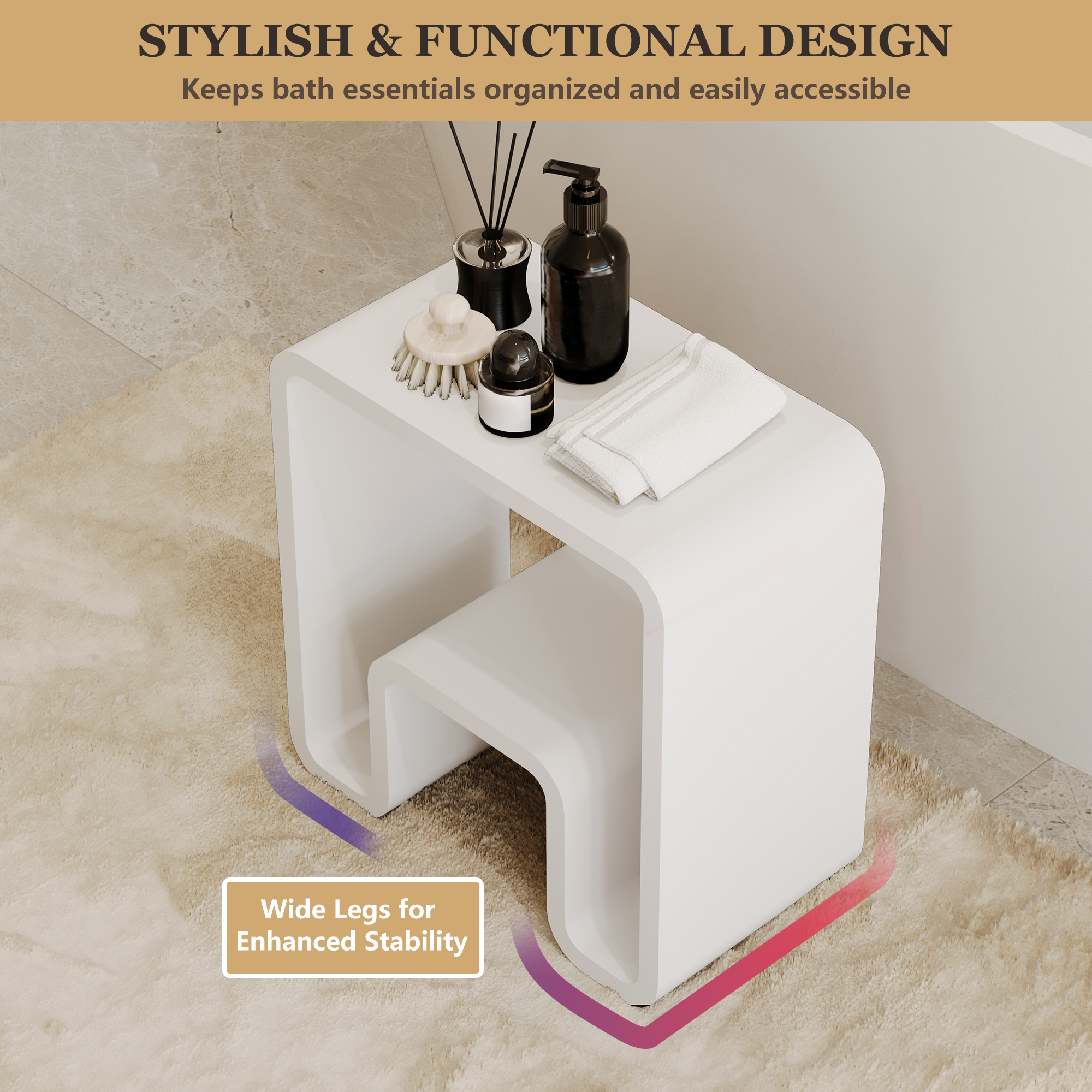 Solid Surface Freestanding Shower Stool with Wide Legs & Dual-Layer Design