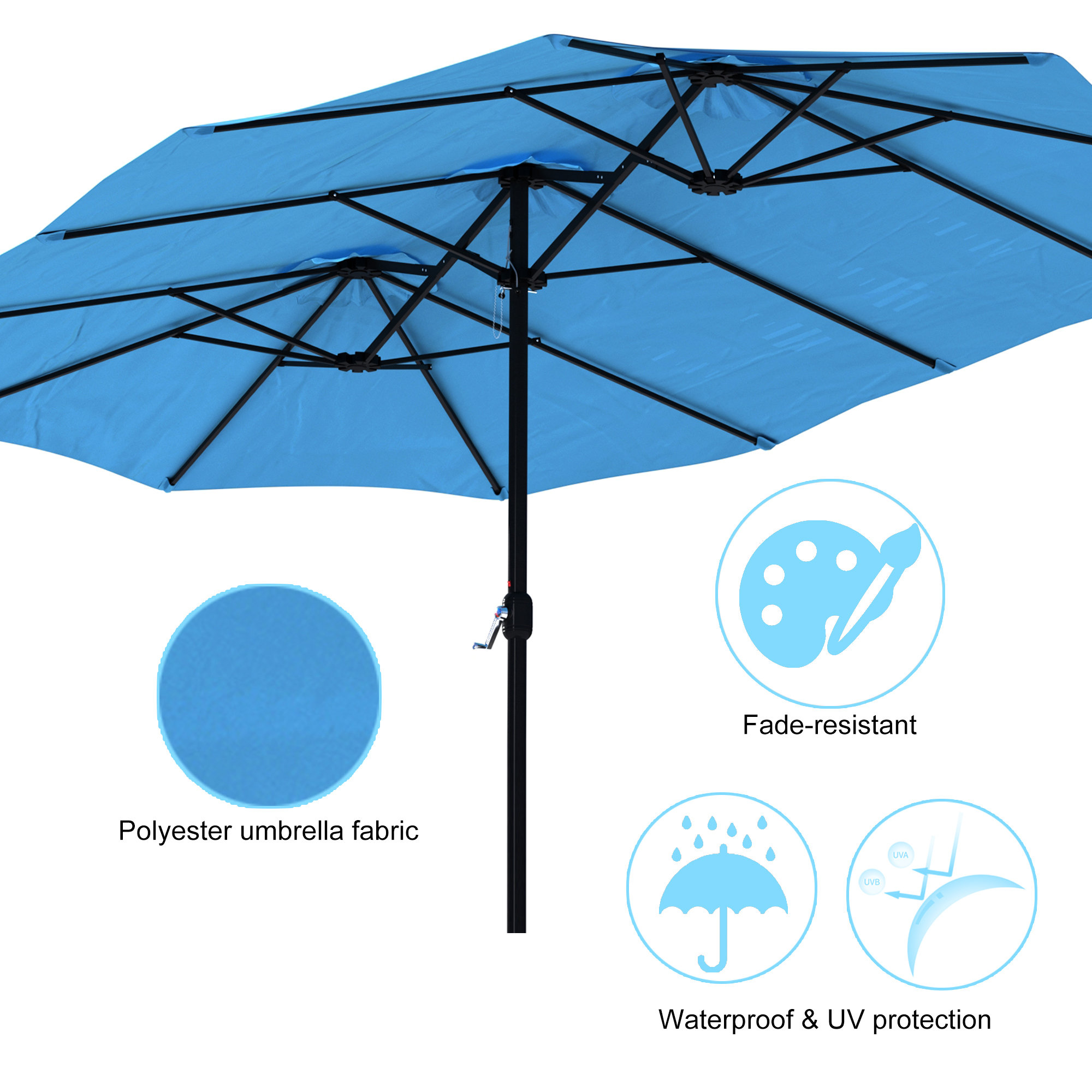15ft Patio Steel Rectangular Double-Sided Market Umbrella With Base, Classic Design or Solar LED Lights Options,UV Sun Protection & Easy Crank for Deck Pool Patio.