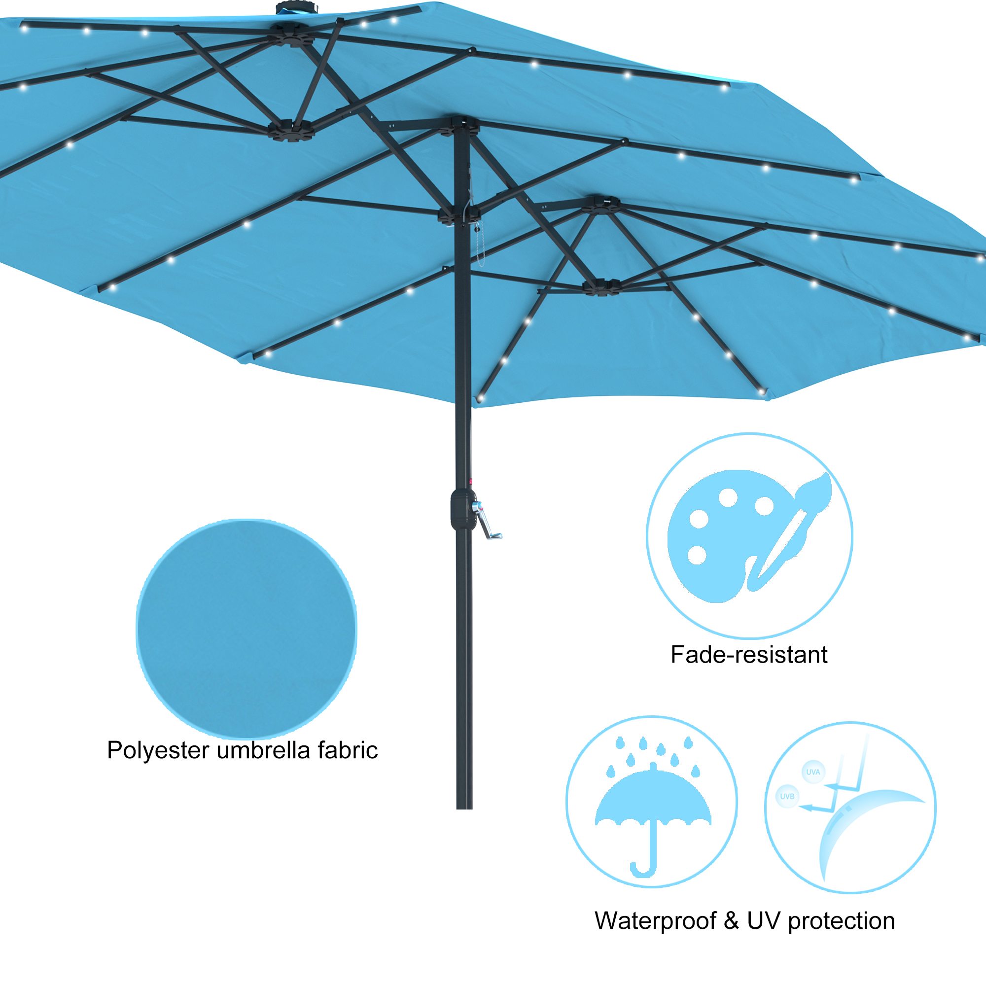 15ft Patio Steel Rectangular Double-Sided Market Umbrella With Base, Classic Design or Solar LED Lights Options,UV Sun Protection & Easy Crank for Deck Pool Patio.