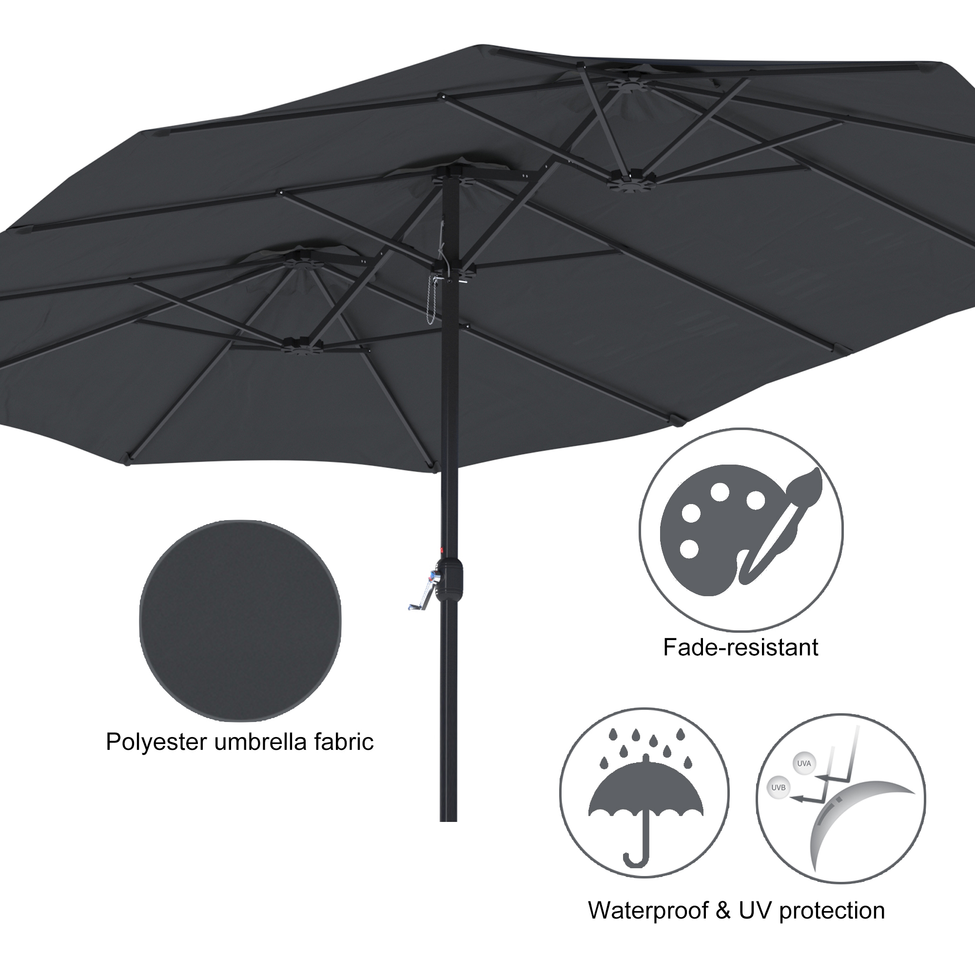 15ft Patio Steel Rectangular Double-Sided Market Umbrella With Base, Classic Design or Solar LED Lights Options,UV Sun Protection & Easy Crank for Deck Pool Patio.