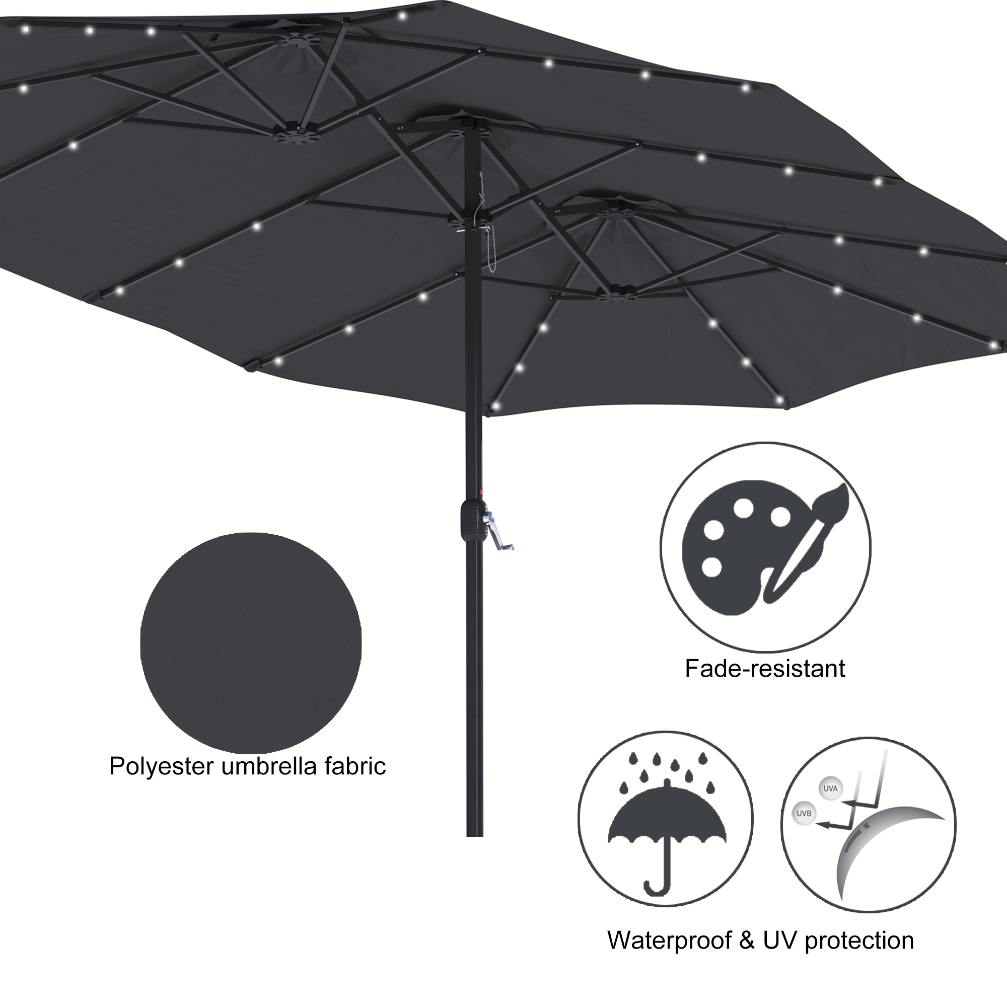 15ft Patio Steel Rectangular Double-Sided Market Umbrella With Base, Classic Design or Solar LED Lights Options,UV Sun Protection & Easy Crank for Deck Pool Patio.