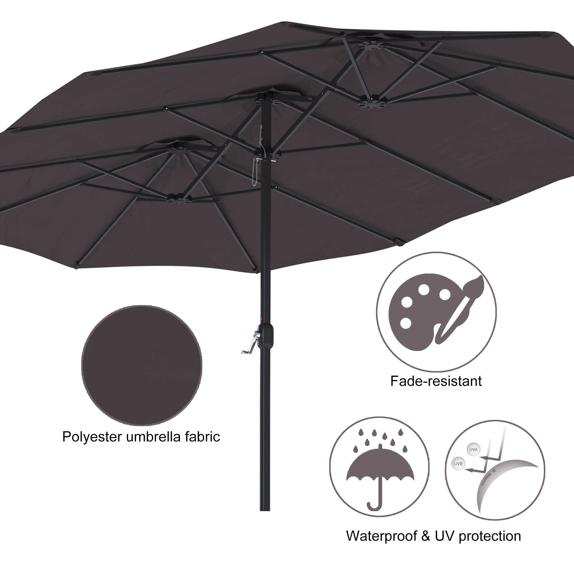 15ft Patio Steel Rectangular Double-Sided Market Umbrella With Base, Classic Design or Solar LED Lights Options,UV Sun Protection & Easy Crank for Deck Pool Patio.