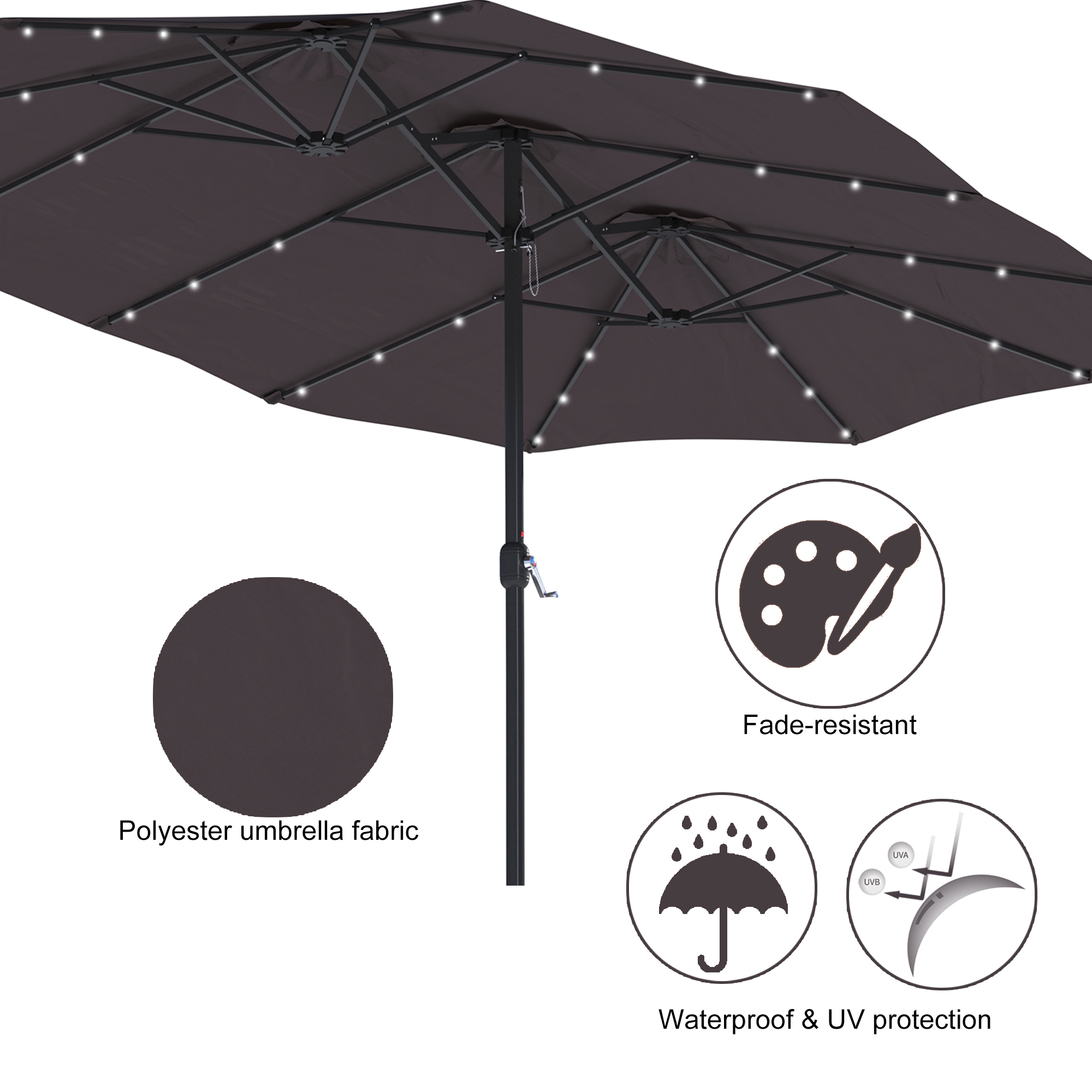 15ft Patio Steel Rectangular Double-Sided Market Umbrella With Base, Classic Design or Solar LED Lights Options,UV Sun Protection & Easy Crank for Deck Pool Patio.