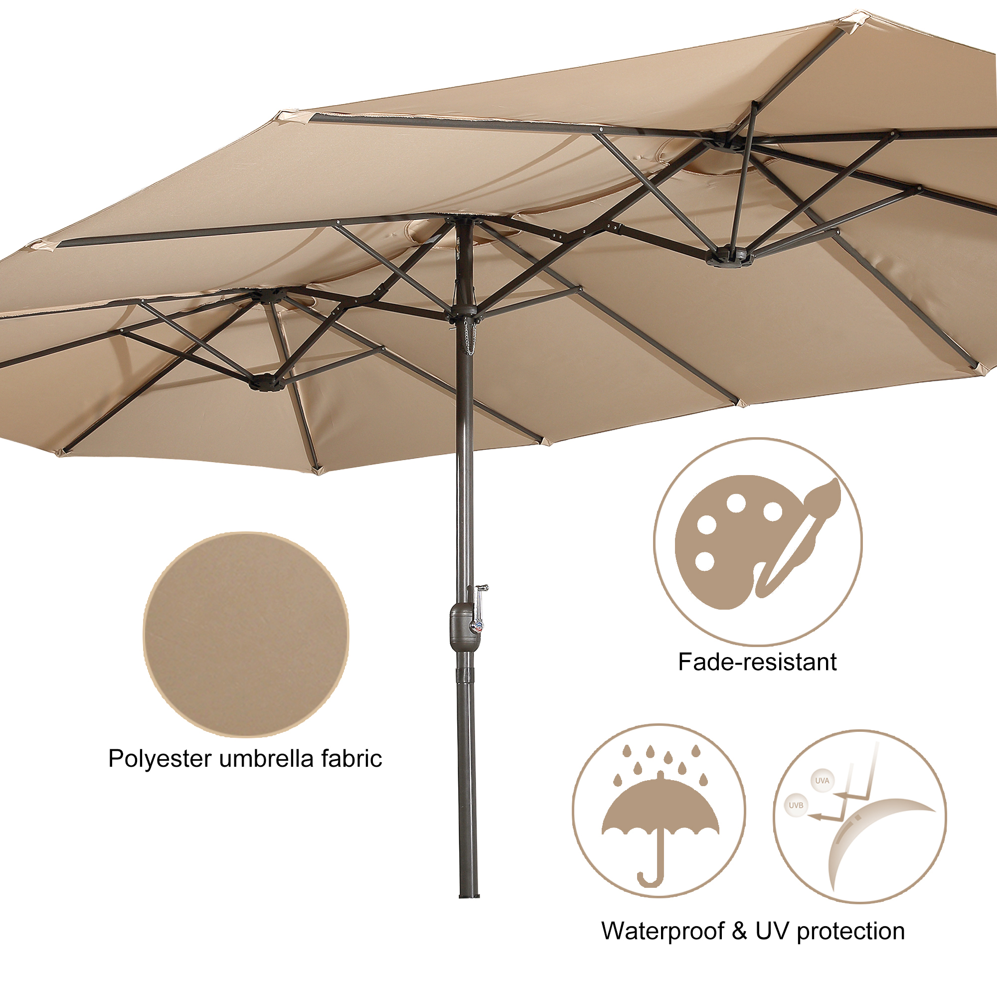 15ft Patio Steel Rectangular Double-Sided Market Umbrella With Base, Classic Design or Solar LED Lights Options,UV Sun Protection & Easy Crank for Deck Pool Patio.