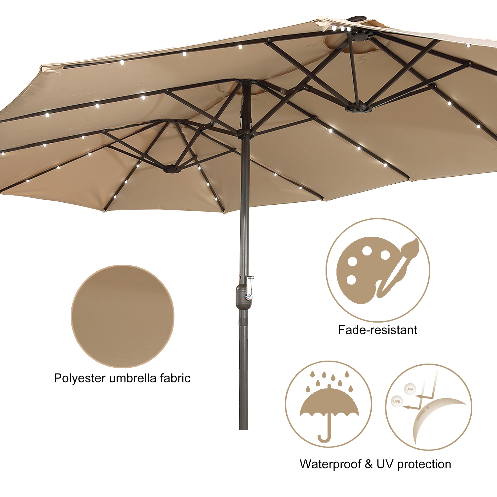 15ft Patio Steel Rectangular Double-Sided Market Umbrella With Base, Classic Design or Solar LED Lights Options,UV Sun Protection & Easy Crank for Deck Pool Patio.
