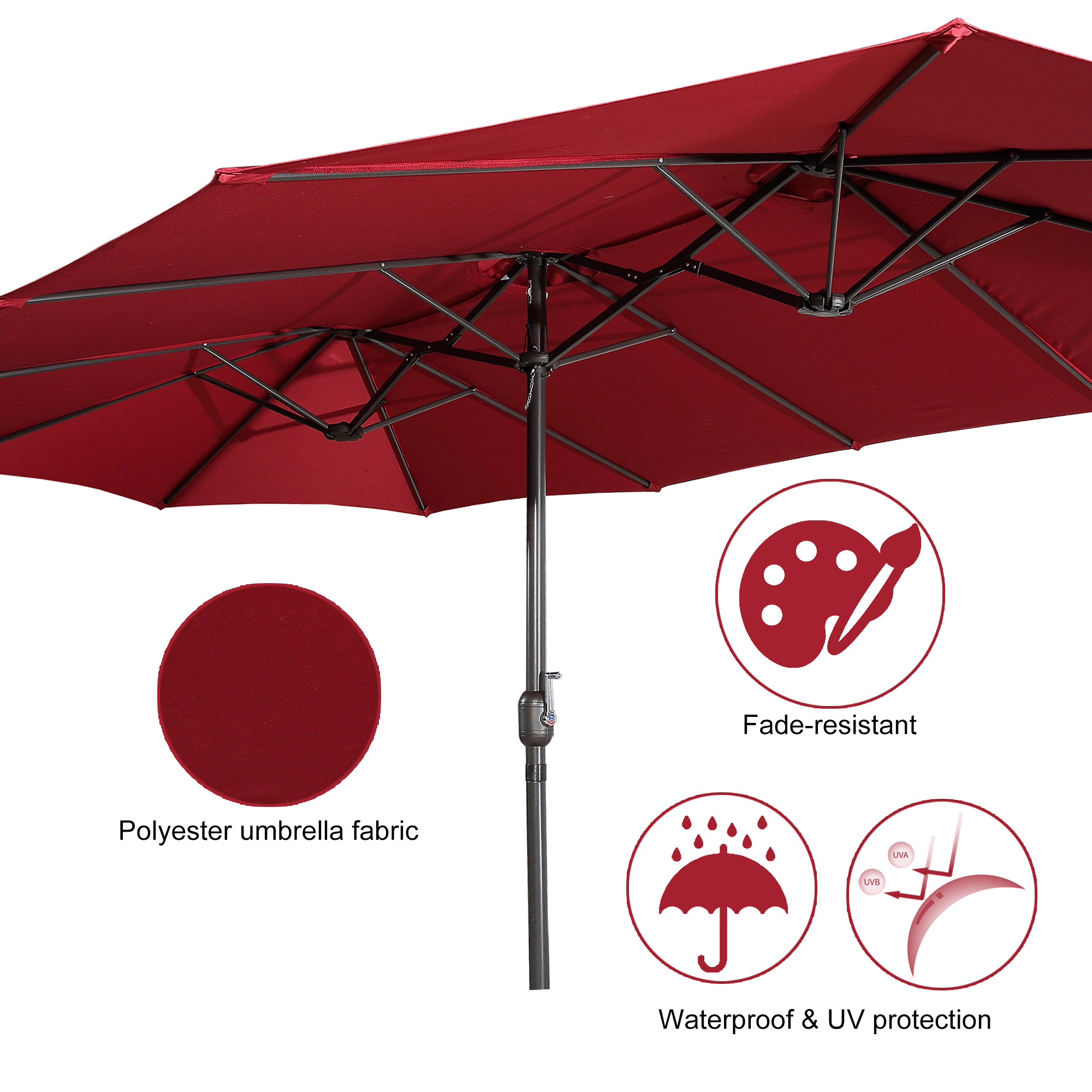 15ft Patio Steel Rectangular Double-Sided Market Umbrella With Base, Classic Design or Solar LED Lights Options,UV Sun Protection & Easy Crank for Deck Pool Patio.