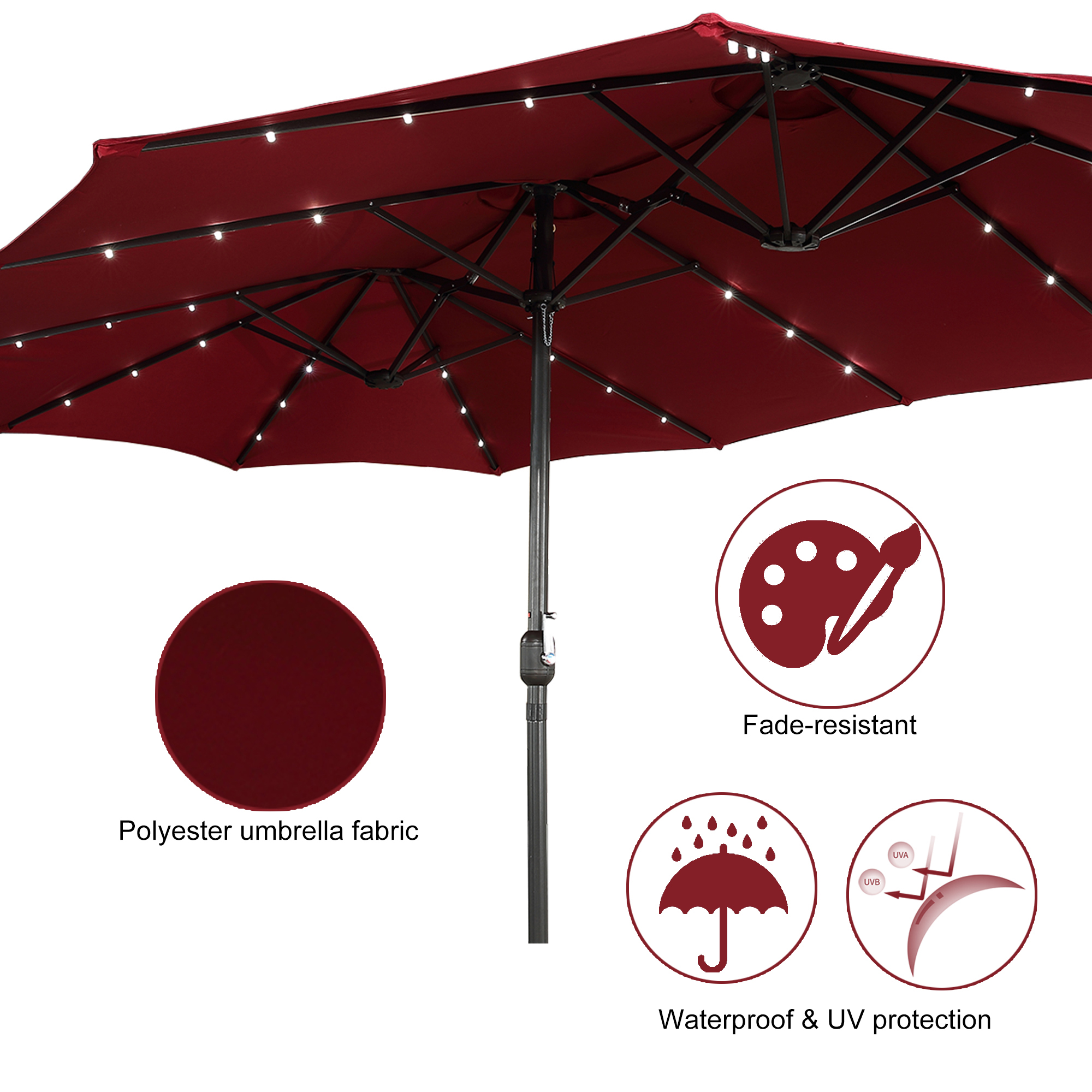 15ft Patio Steel Rectangular Double-Sided Market Umbrella With Base, Classic Design or Solar LED Lights Options,UV Sun Protection & Easy Crank for Deck Pool Patio.