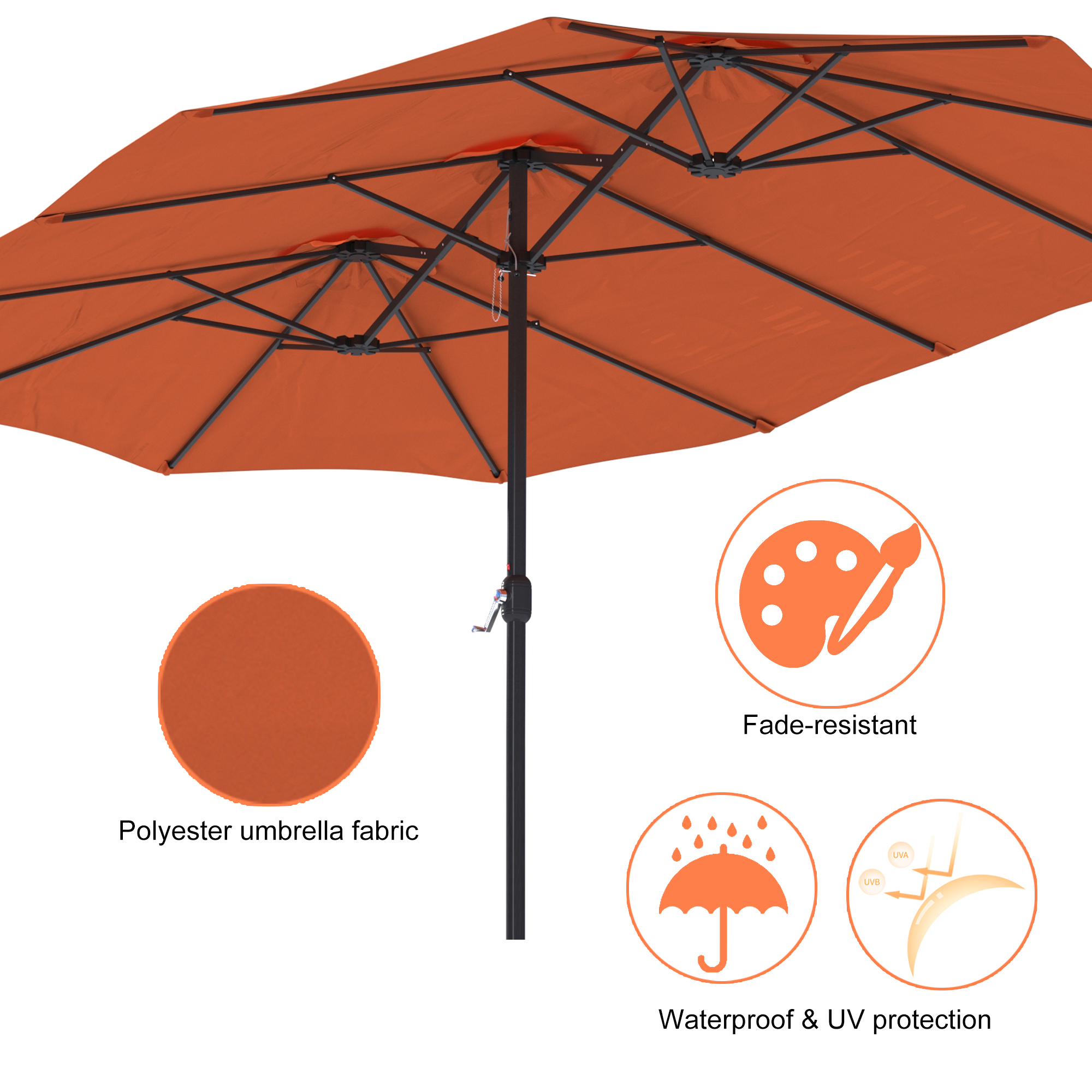 15ft Patio Steel Rectangular Double-Sided Market Umbrella With Base, Classic Design or Solar LED Lights Options,UV Sun Protection & Easy Crank for Deck Pool Patio.